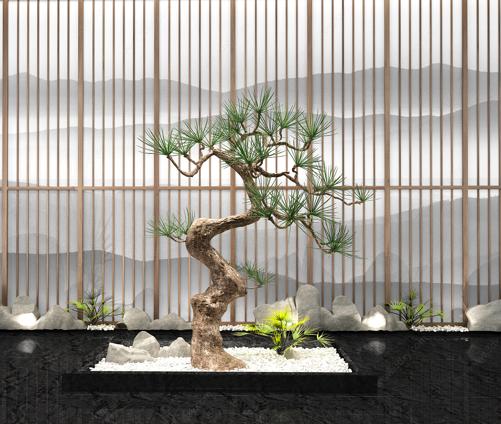 新中式庭院松树造景3D模型