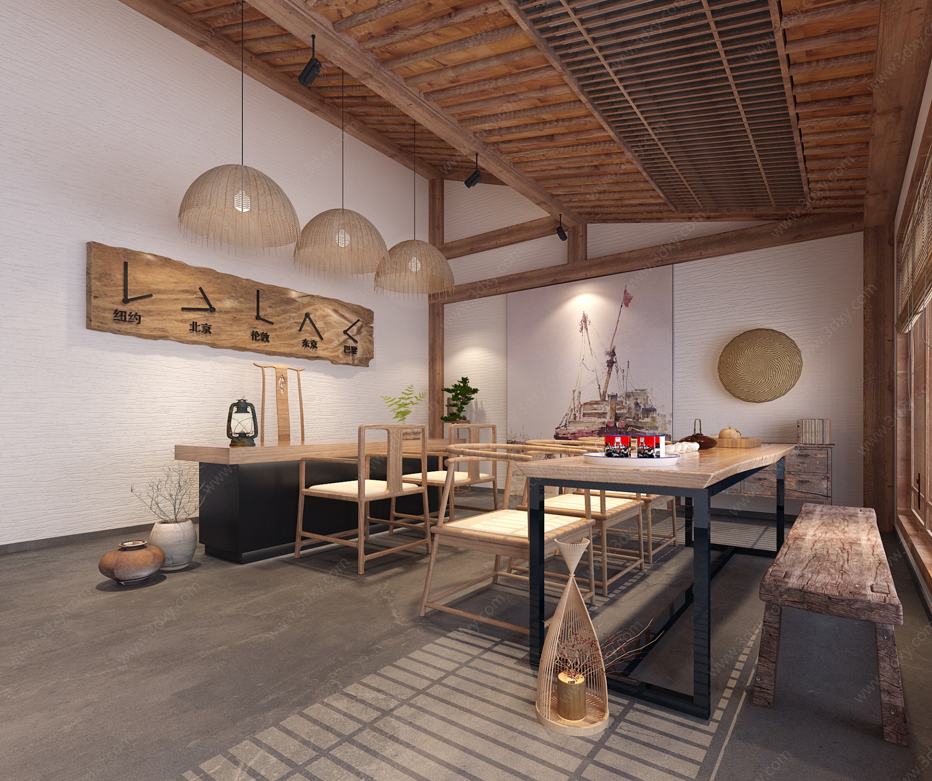 中式民宿农家院茶室接待台3D模型