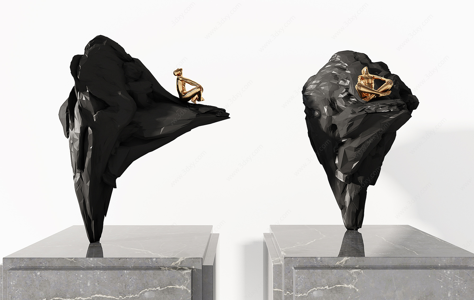 新中式假山人物雕塑摆件3D模型