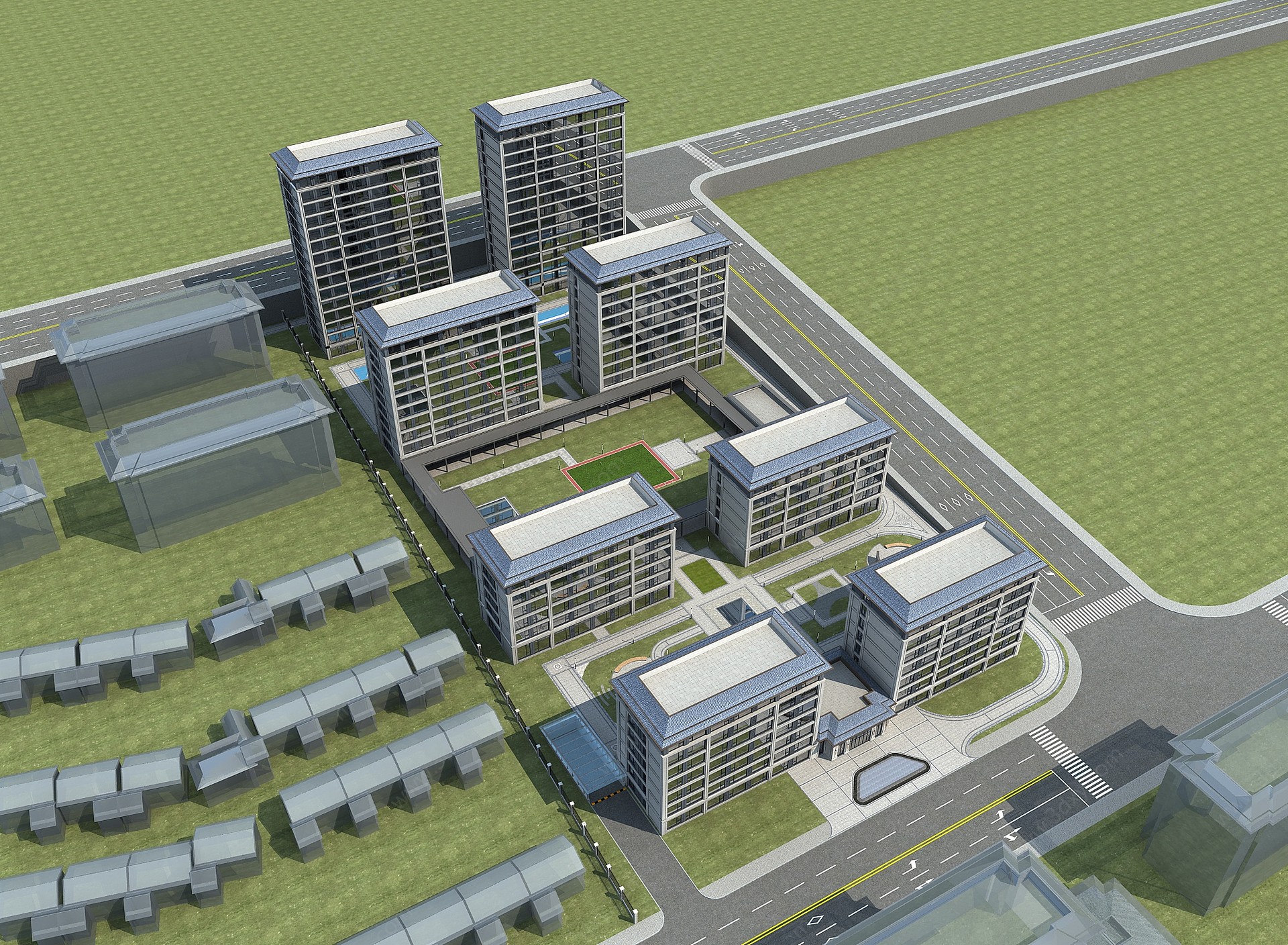 现代养老公寓鸟瞰规划3D模型