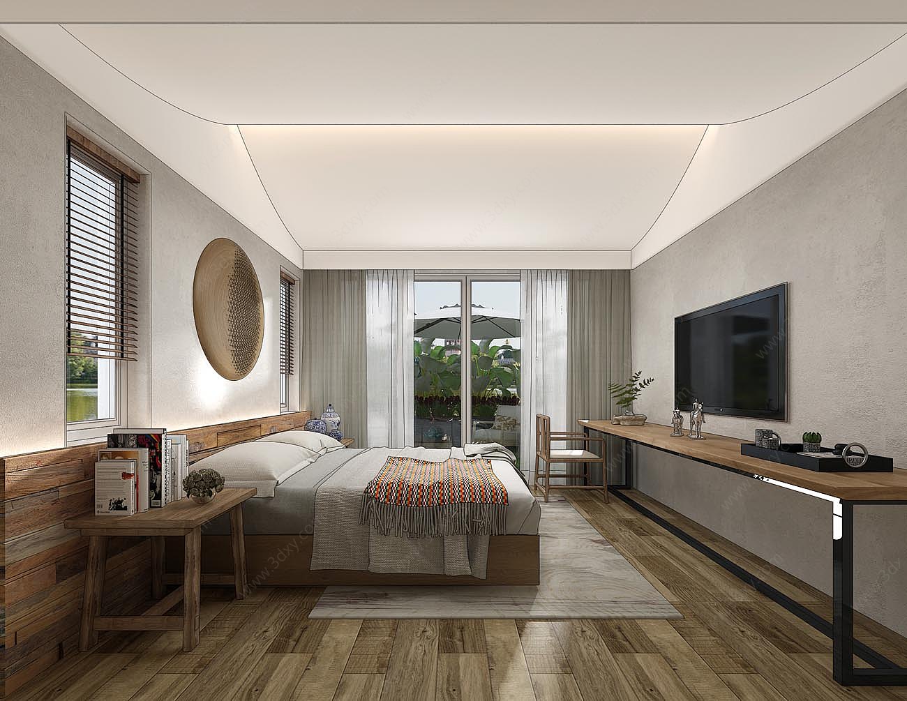 新中式民俗酒店客房大床房3D模型