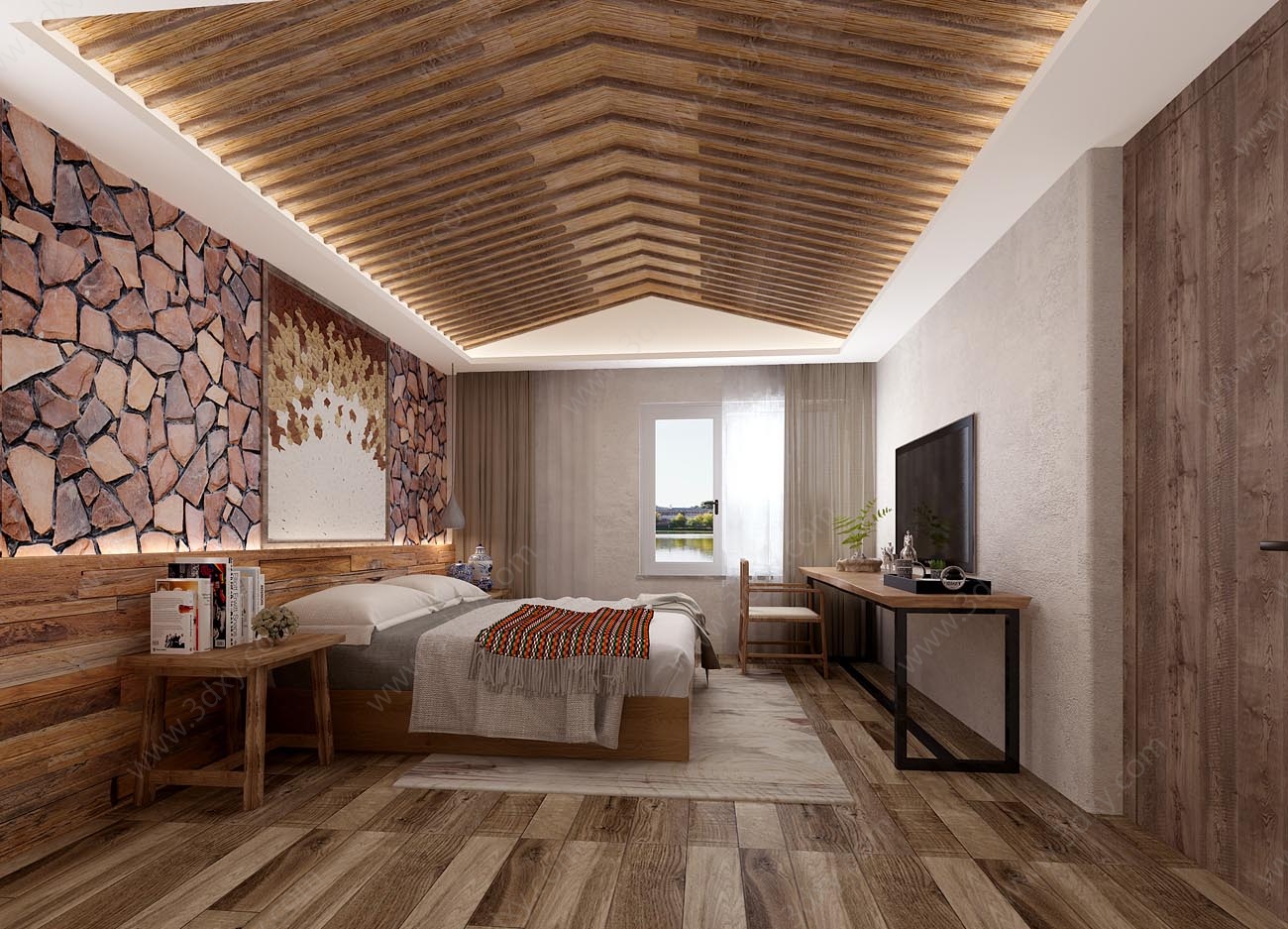 新中式民俗酒店客房大床房3D模型