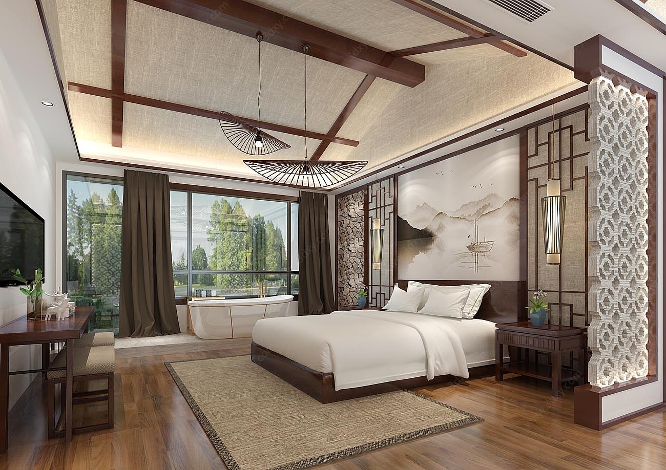 新中式东南亚酒店客房3D模型