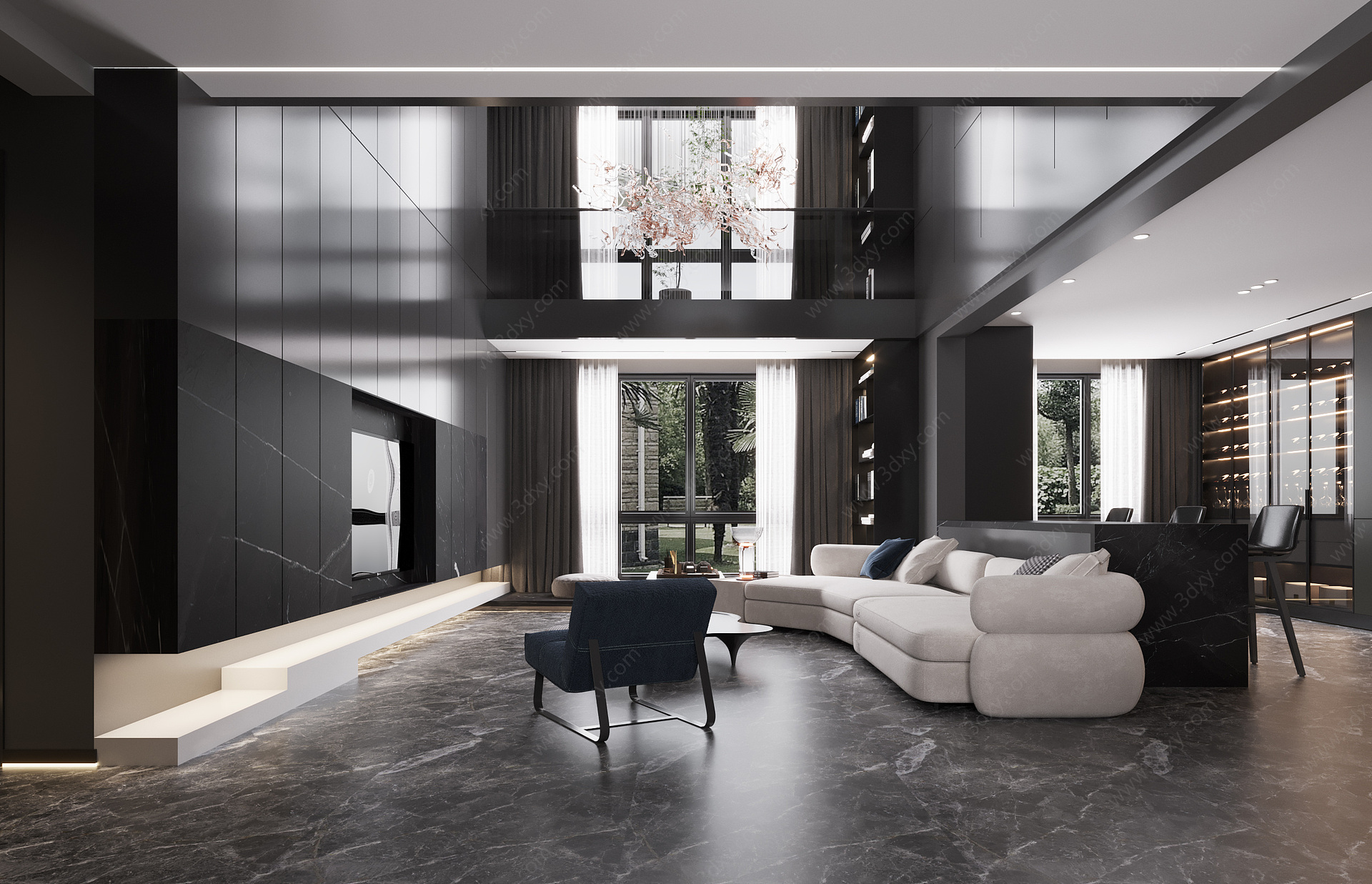 现代暗灰色别墅客厅3D模型