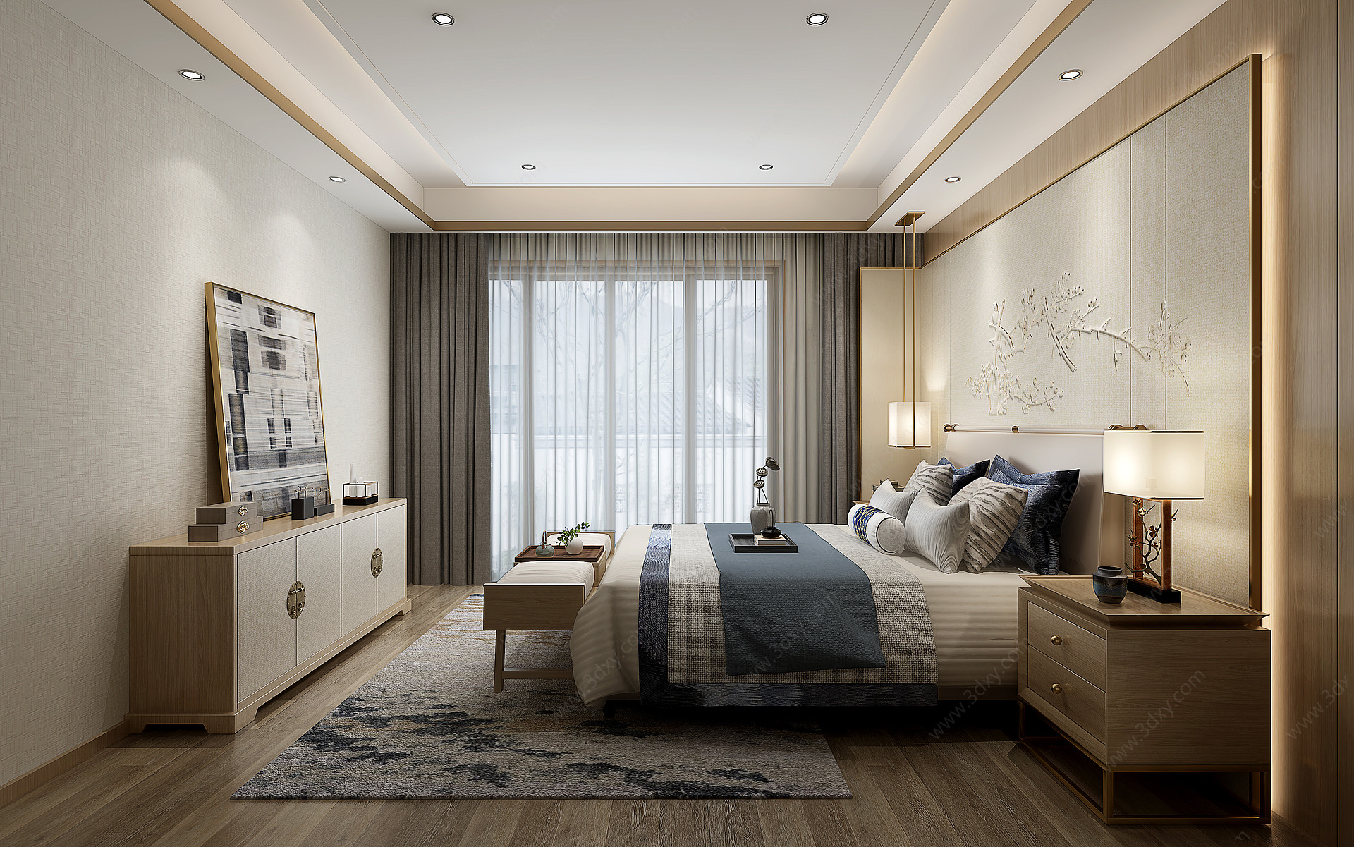 新中式卧室床组合3D模型