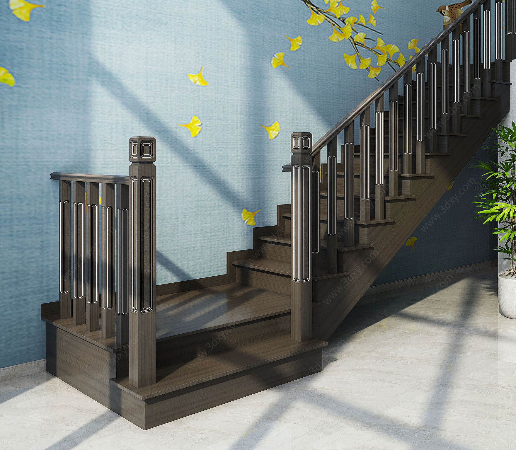 新中式实木楼梯3D模型