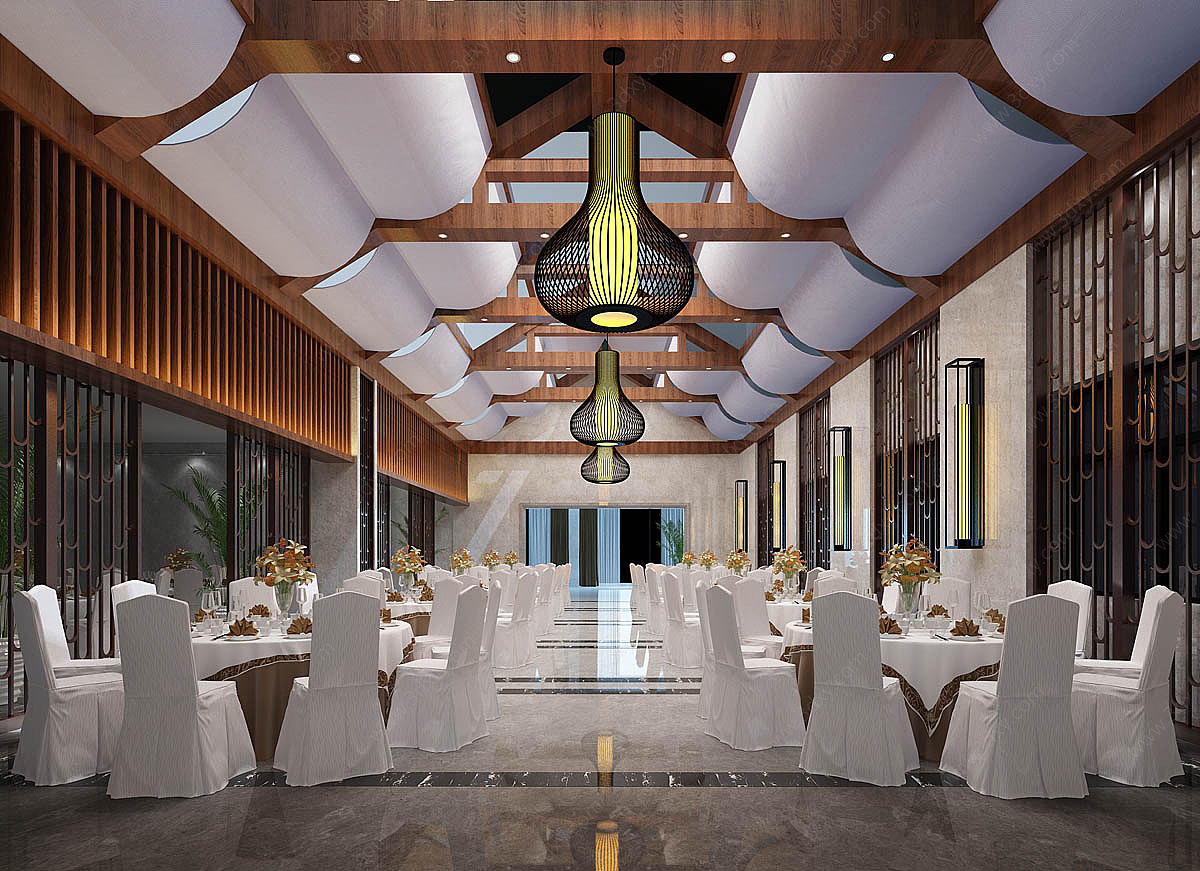 新中式宴会厅宴会桌椅3D模型