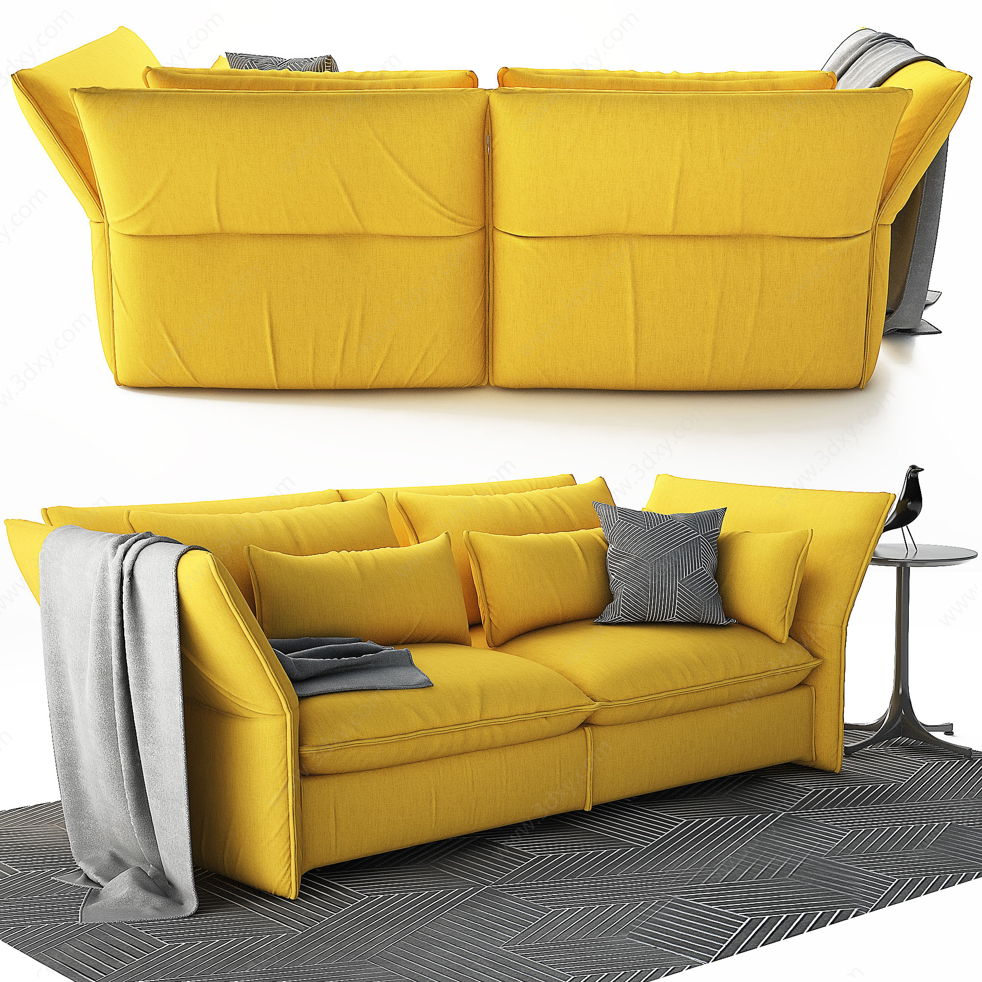 黄色绒布双人沙发3D模型