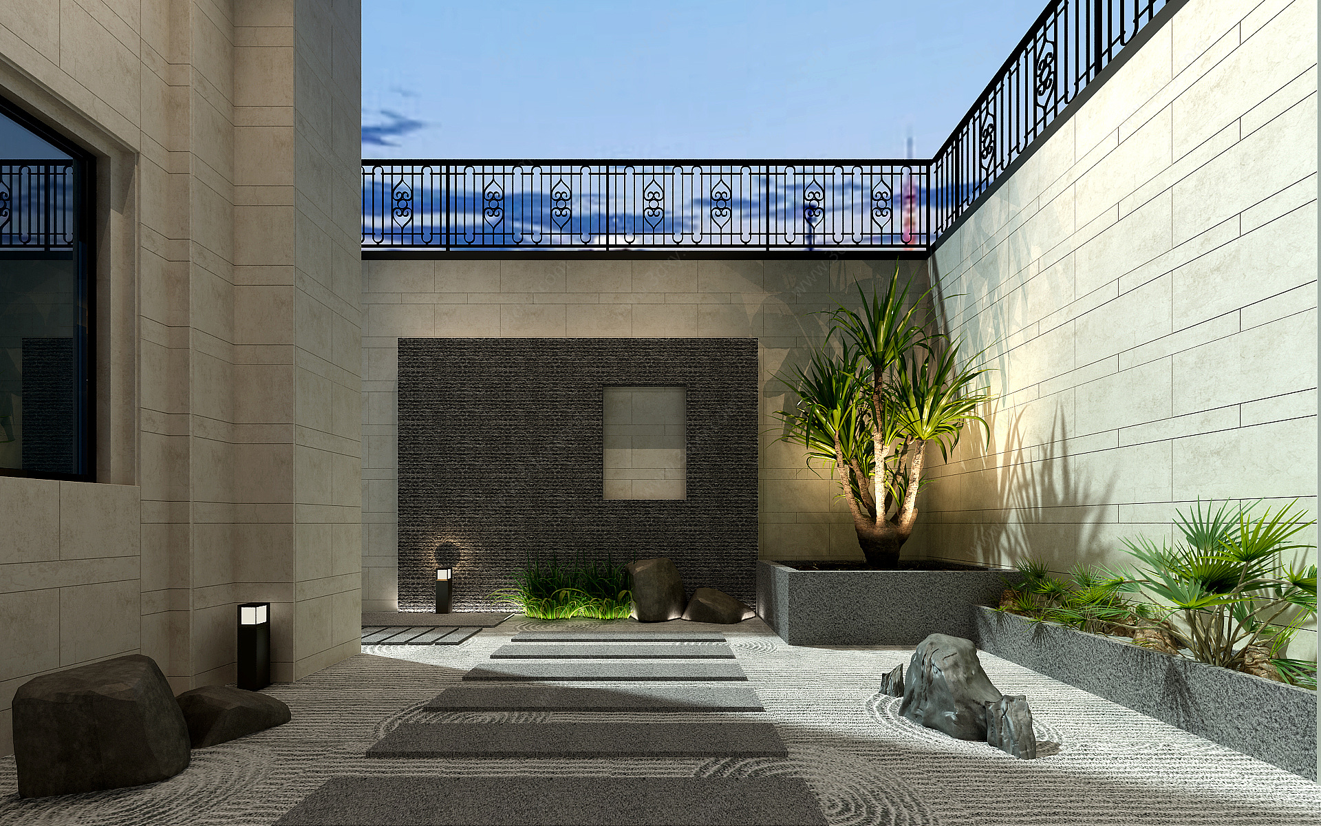 新中式庭院植物石头3D模型