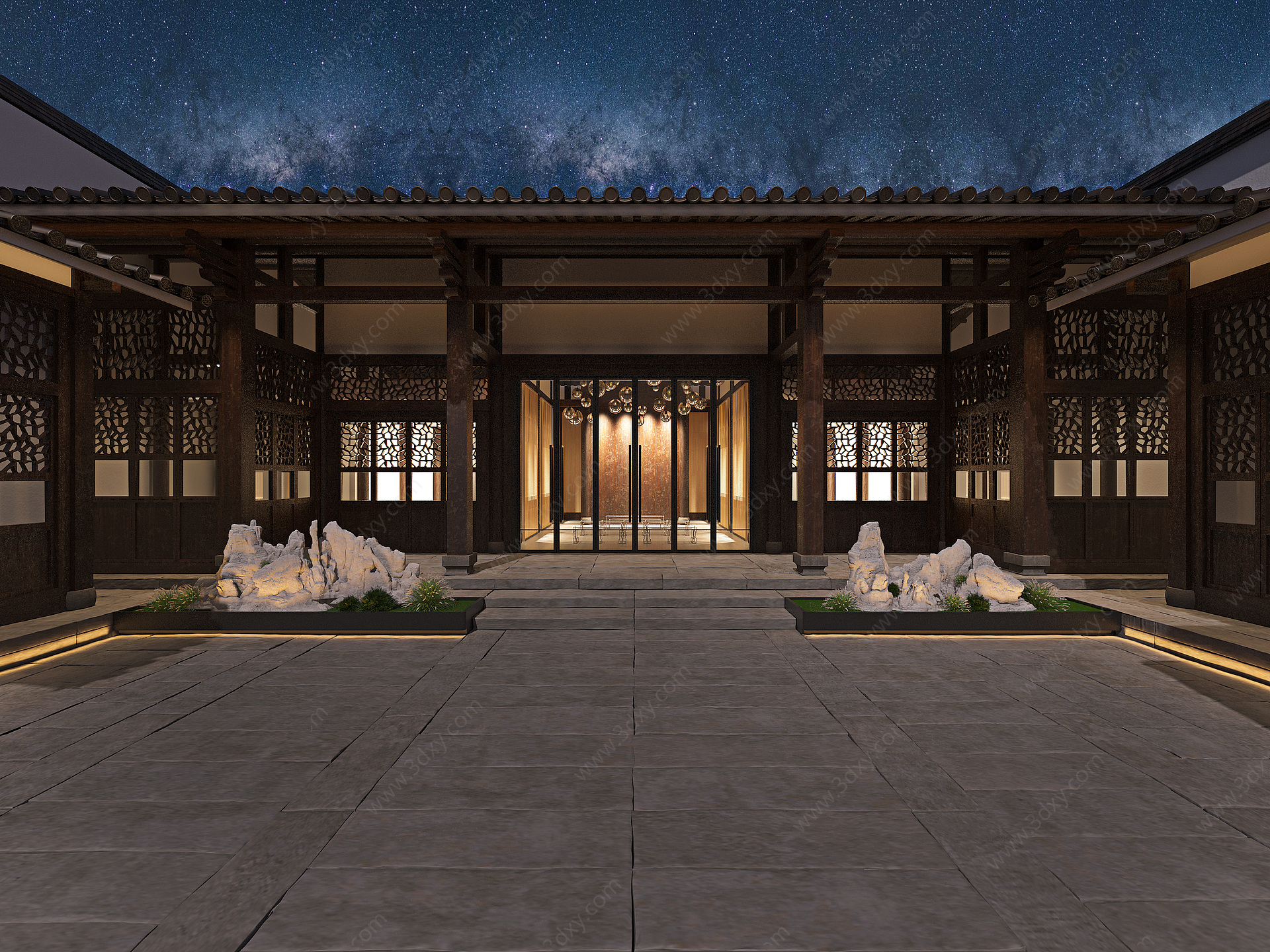 中式庭院户外景观星空夜景3D模型