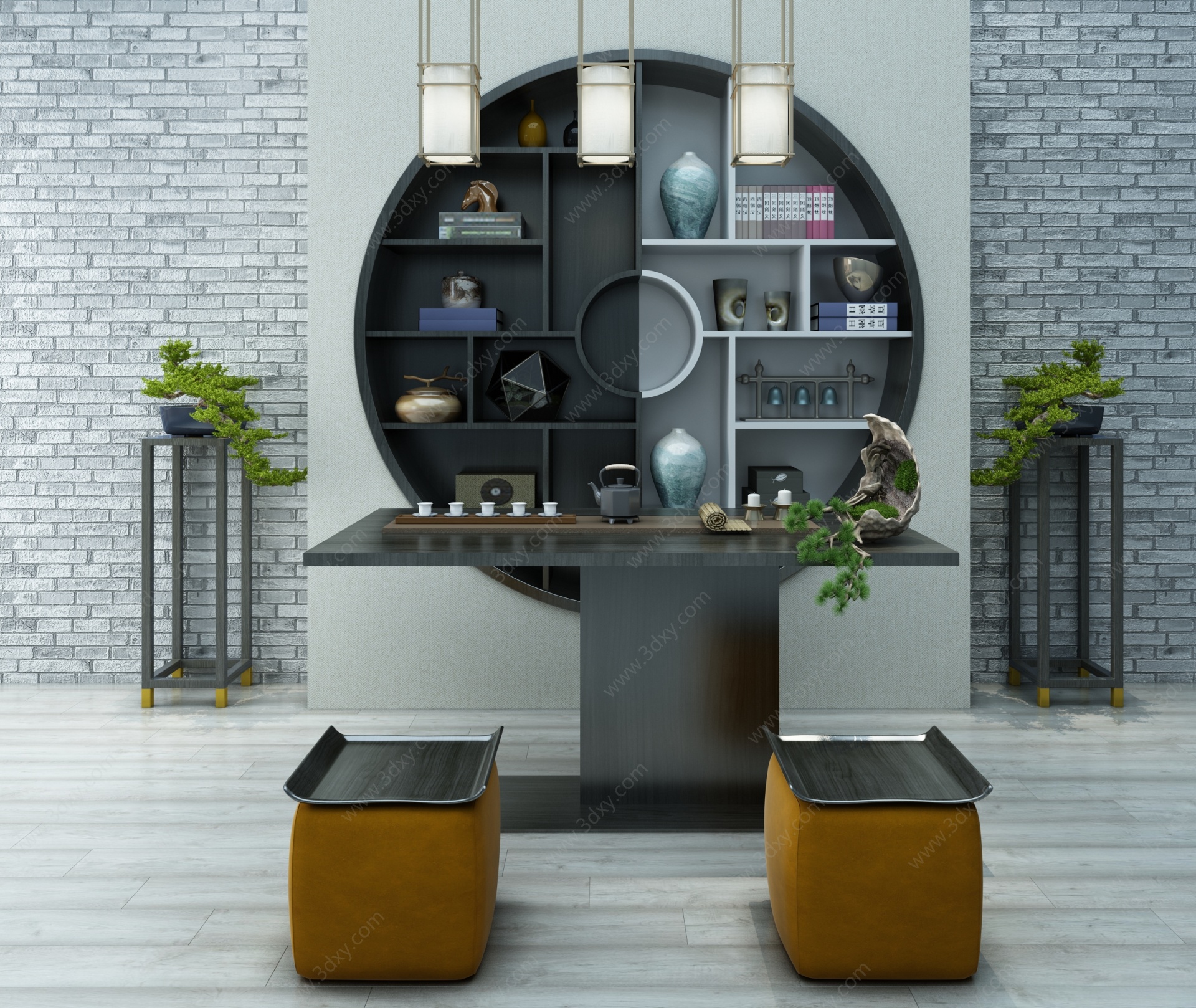 新中式茶桌新中式背景柜3D模型