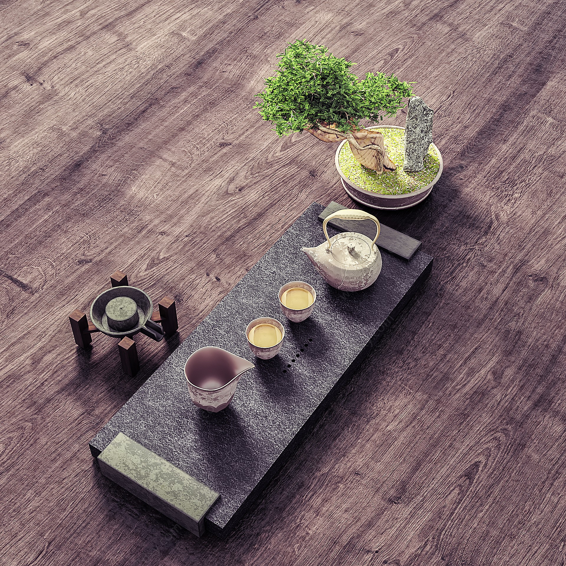 新中式茶盘茶具茶壶3D模型