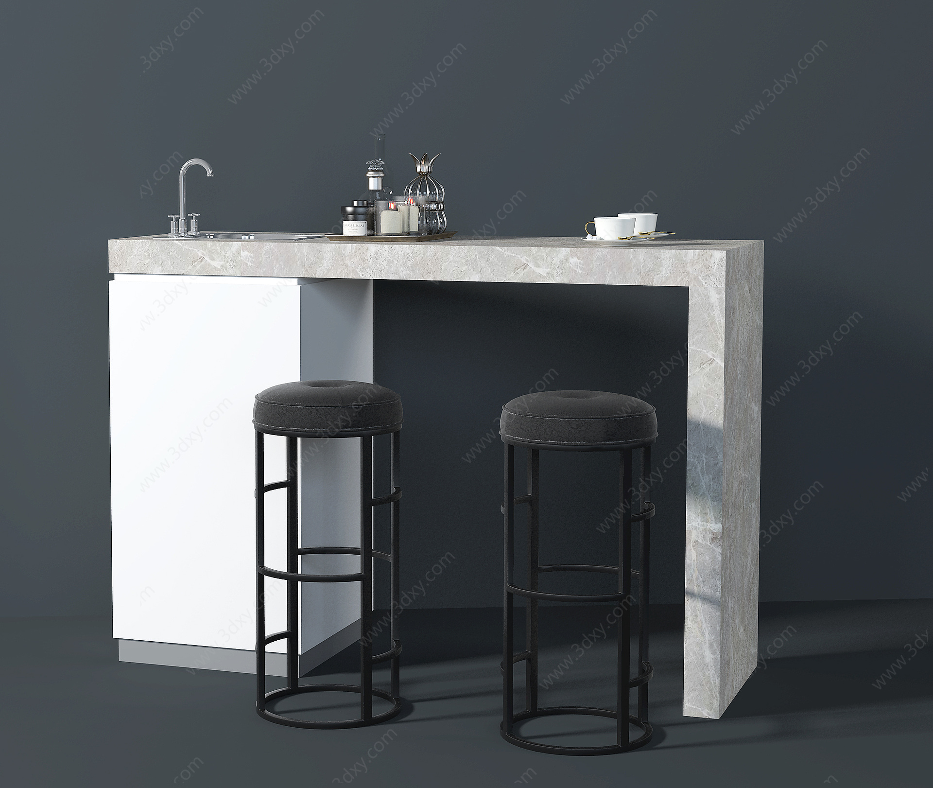 现代吧台吧凳组合3D模型