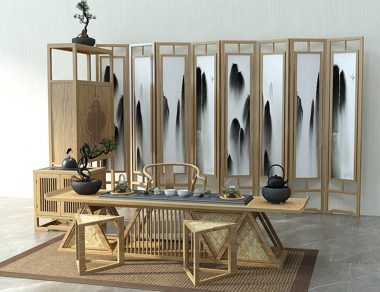 中式实木茶桌椅装饰柜屏风3D模型