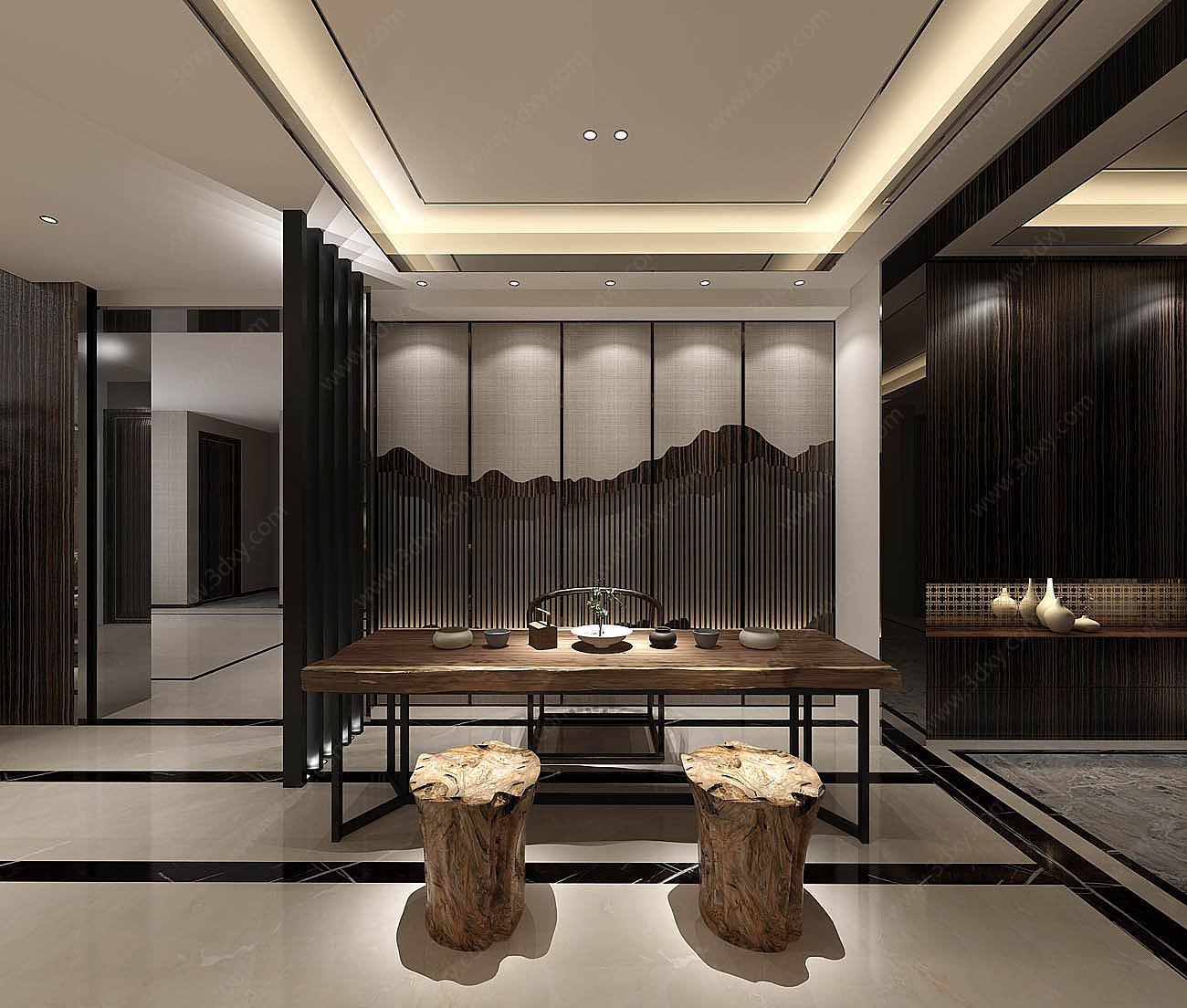 新中式茶室会客区茶桌椅3D模型