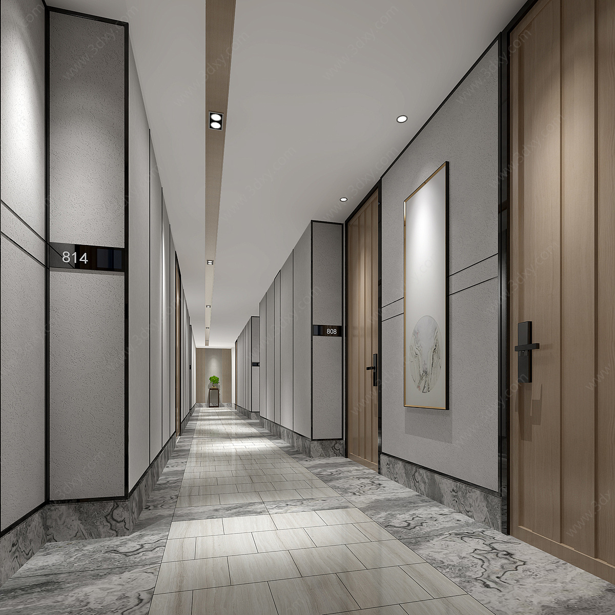 现代新中式酒店客房走廊3D模型