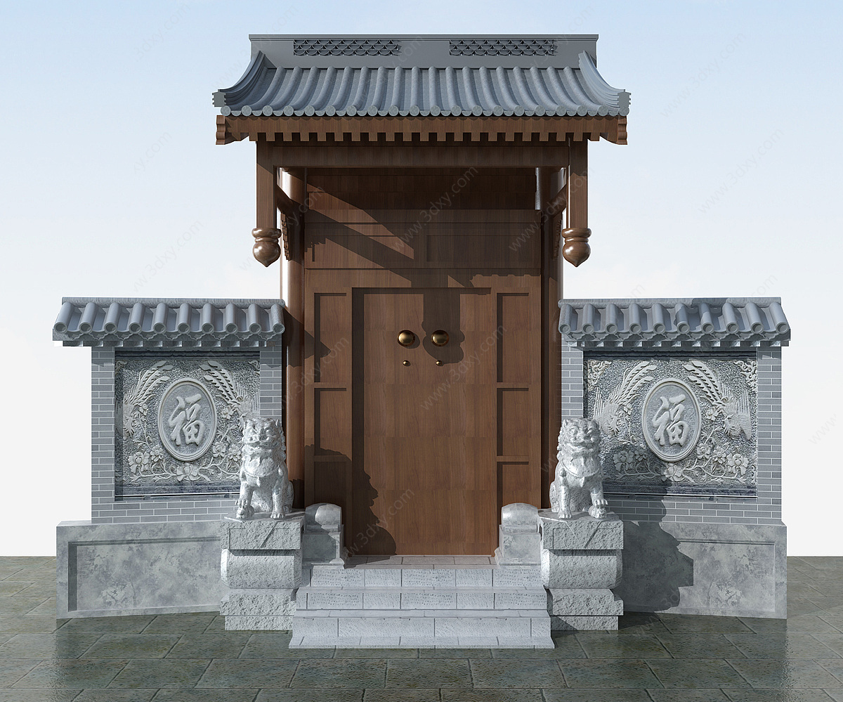 古建庭院大门门头石狮子墙3D模型