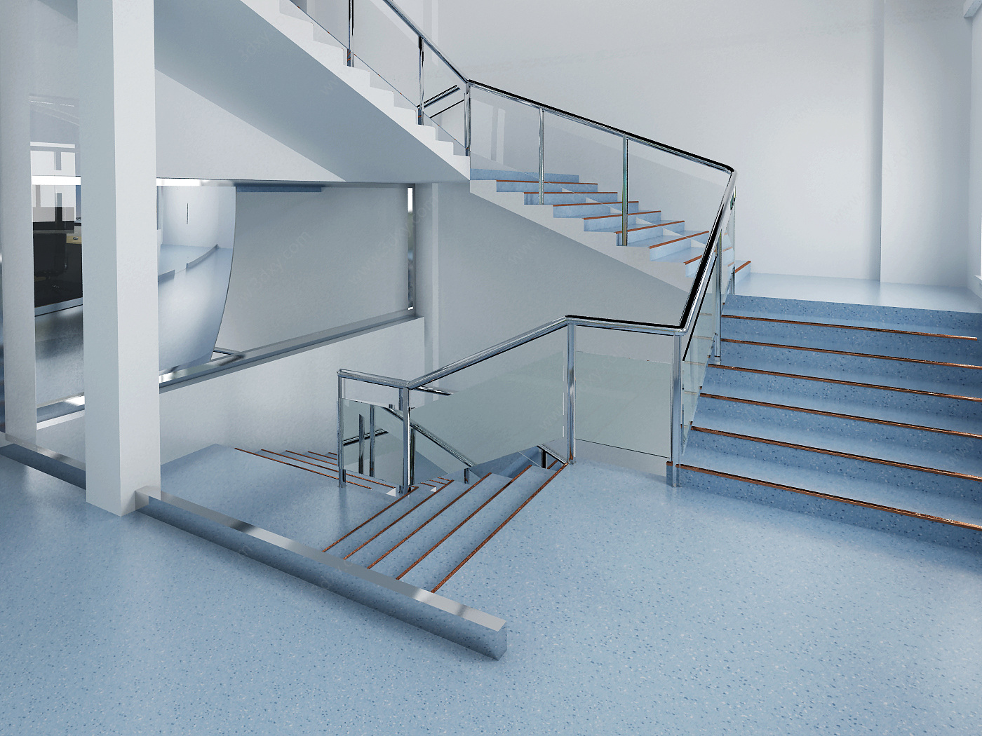 现代办公空间办公前台楼梯3D模型