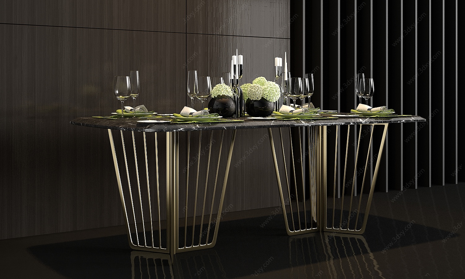 金属大理石餐桌餐具组合3D模型