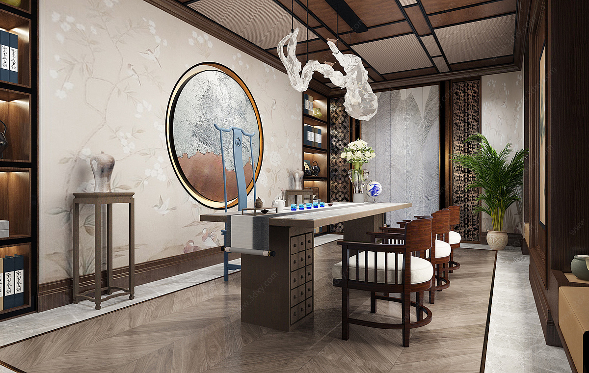 新中式书房茶室茶桌椅3D模型