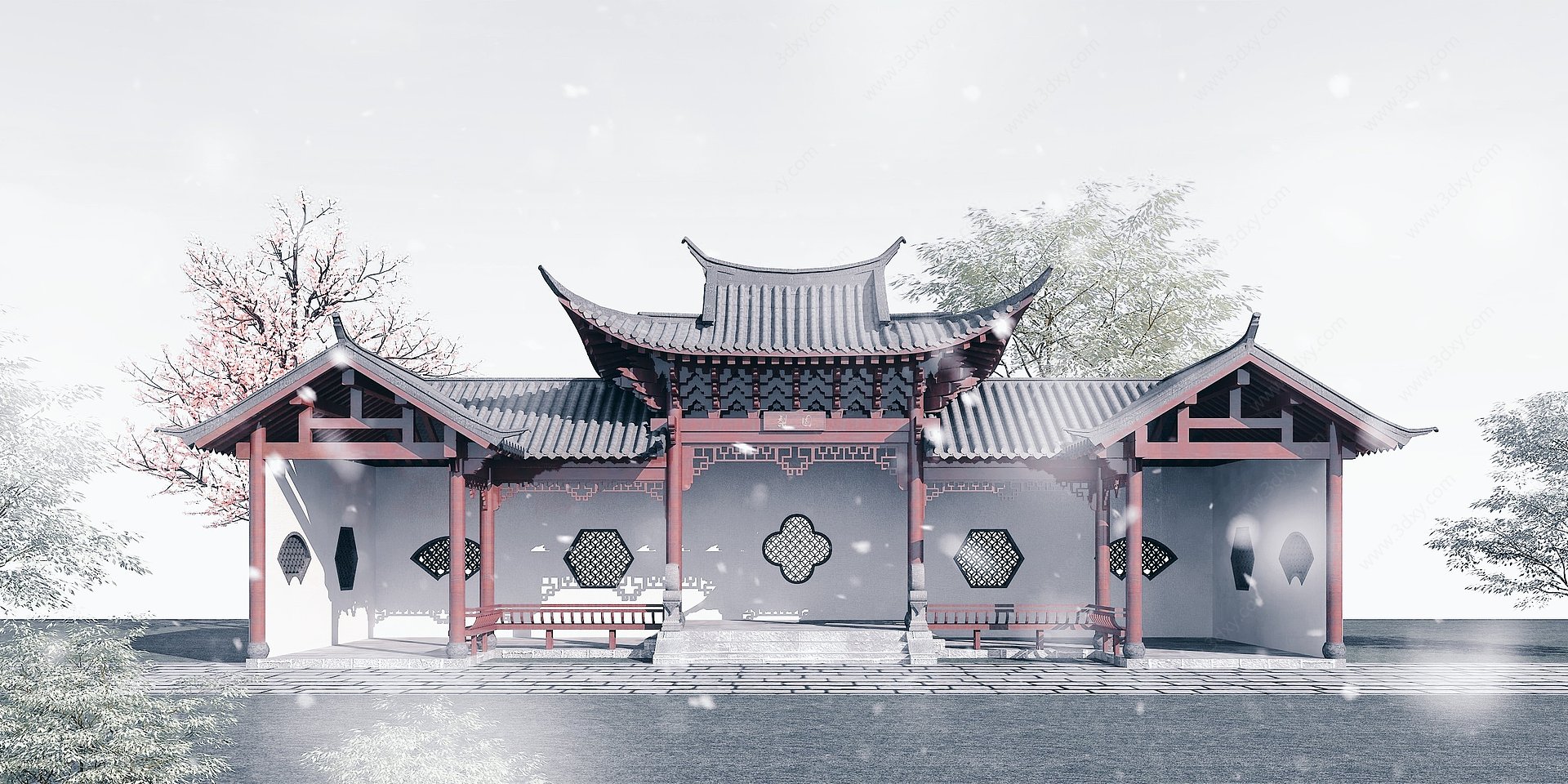 中式古建筑休闲长廊3D模型