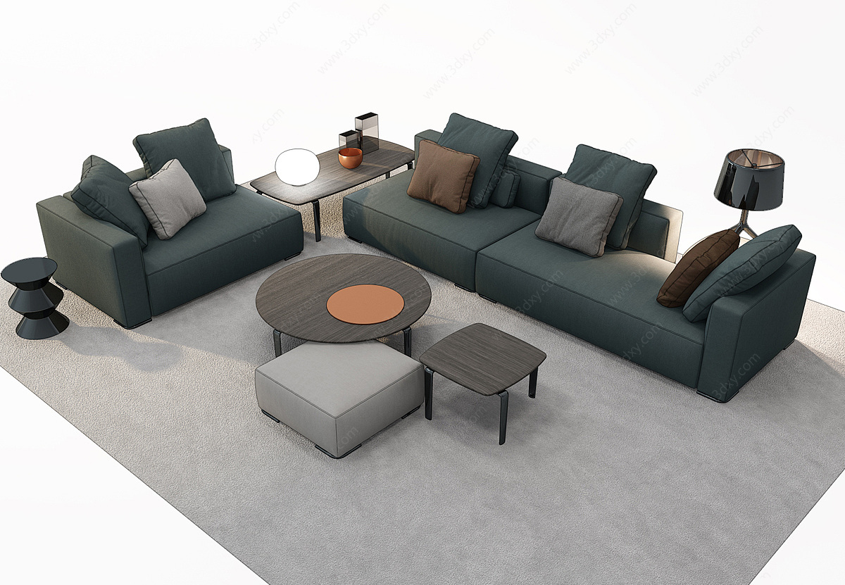 现代布艺多人沙发茶几组合3D模型