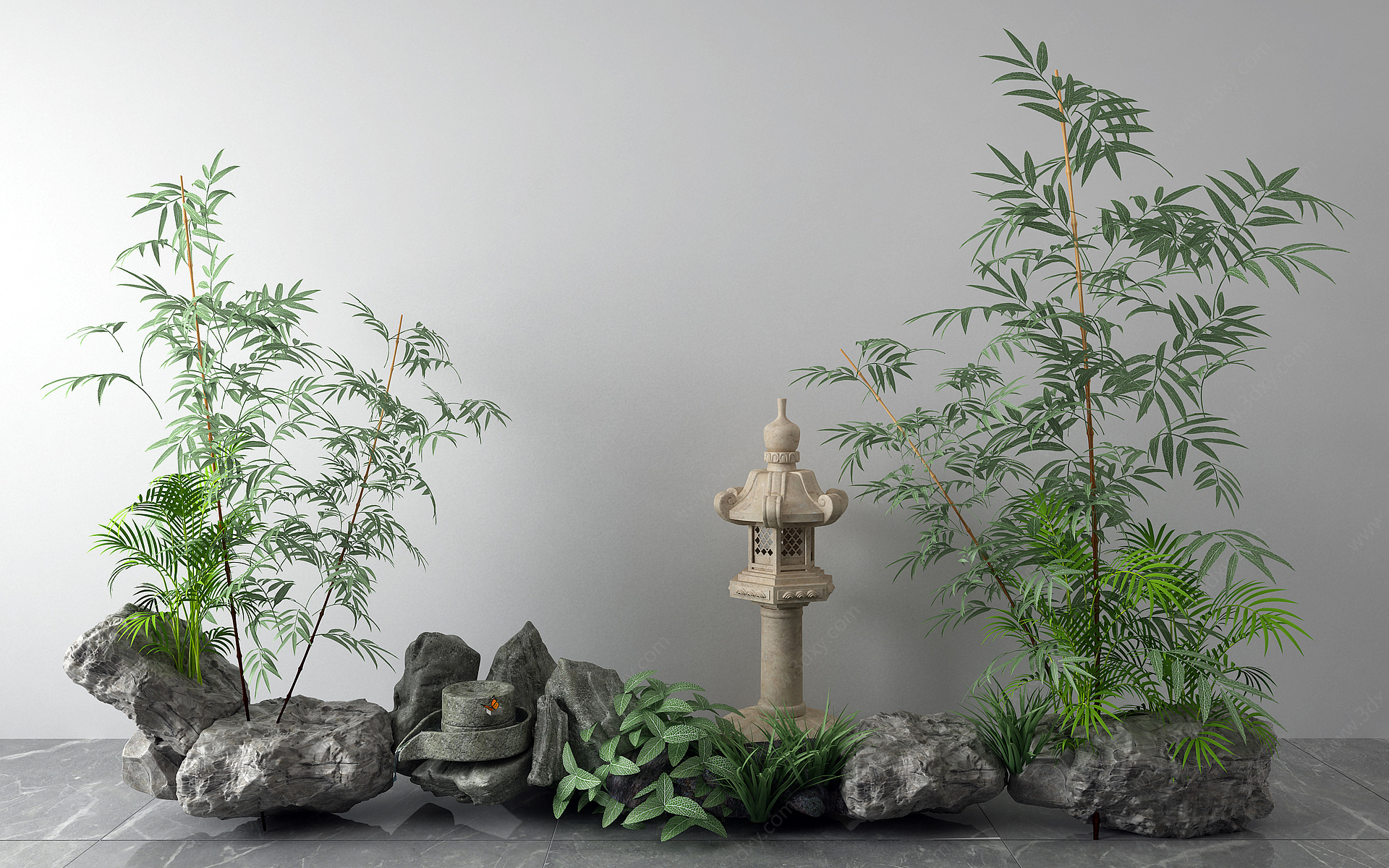 新中式景观小品石头竹子3D模型