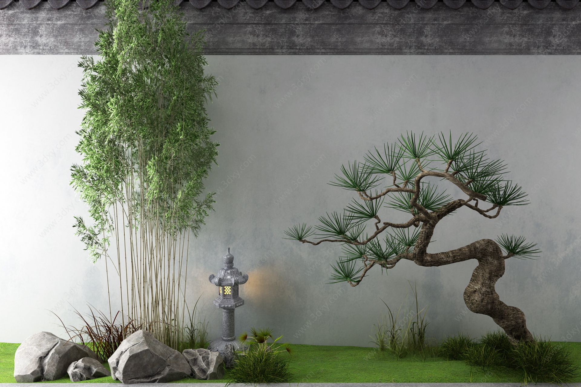 新中式景观小品竹子松树3D模型