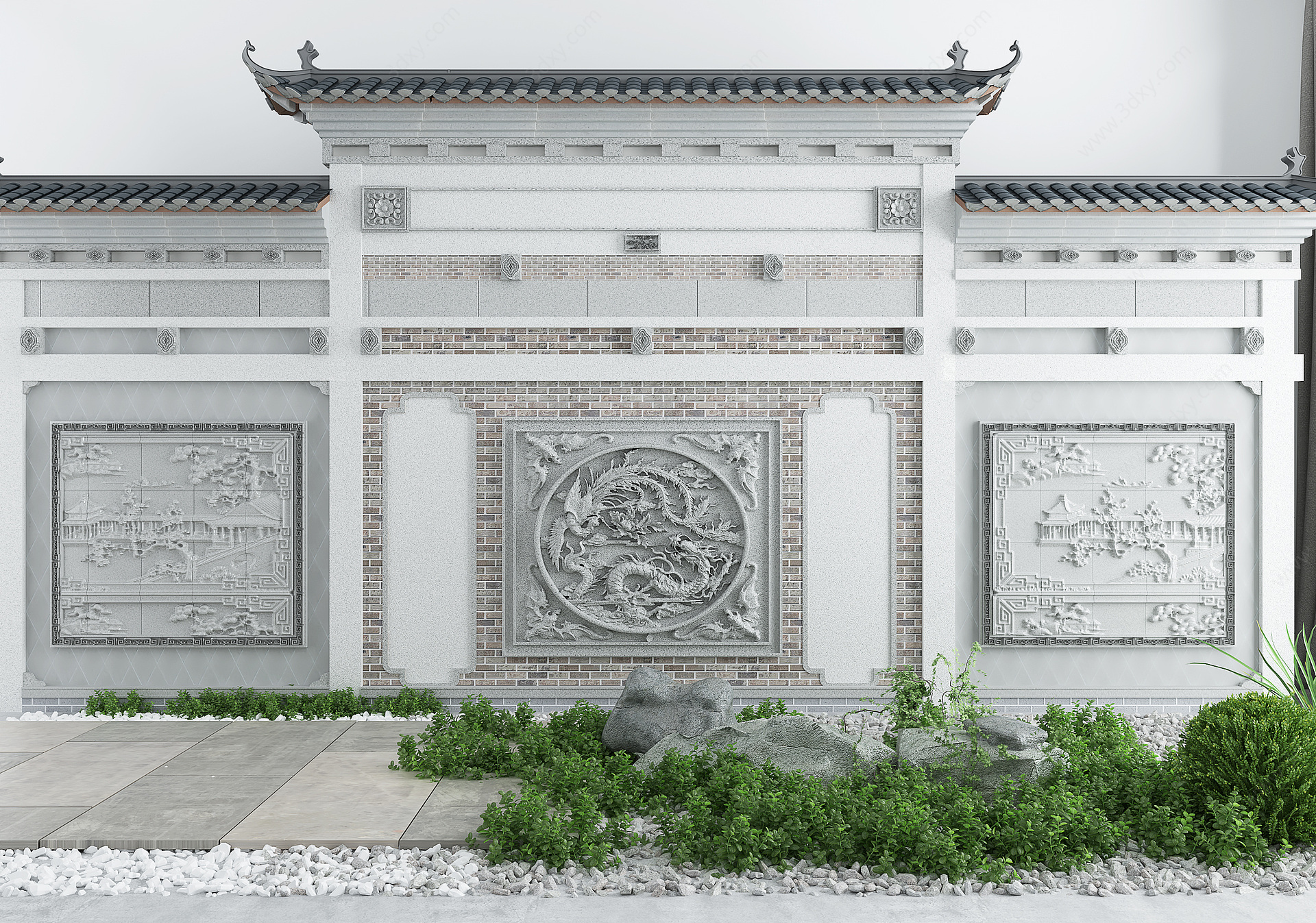 新中式植园艺小品马头墙3D模型
