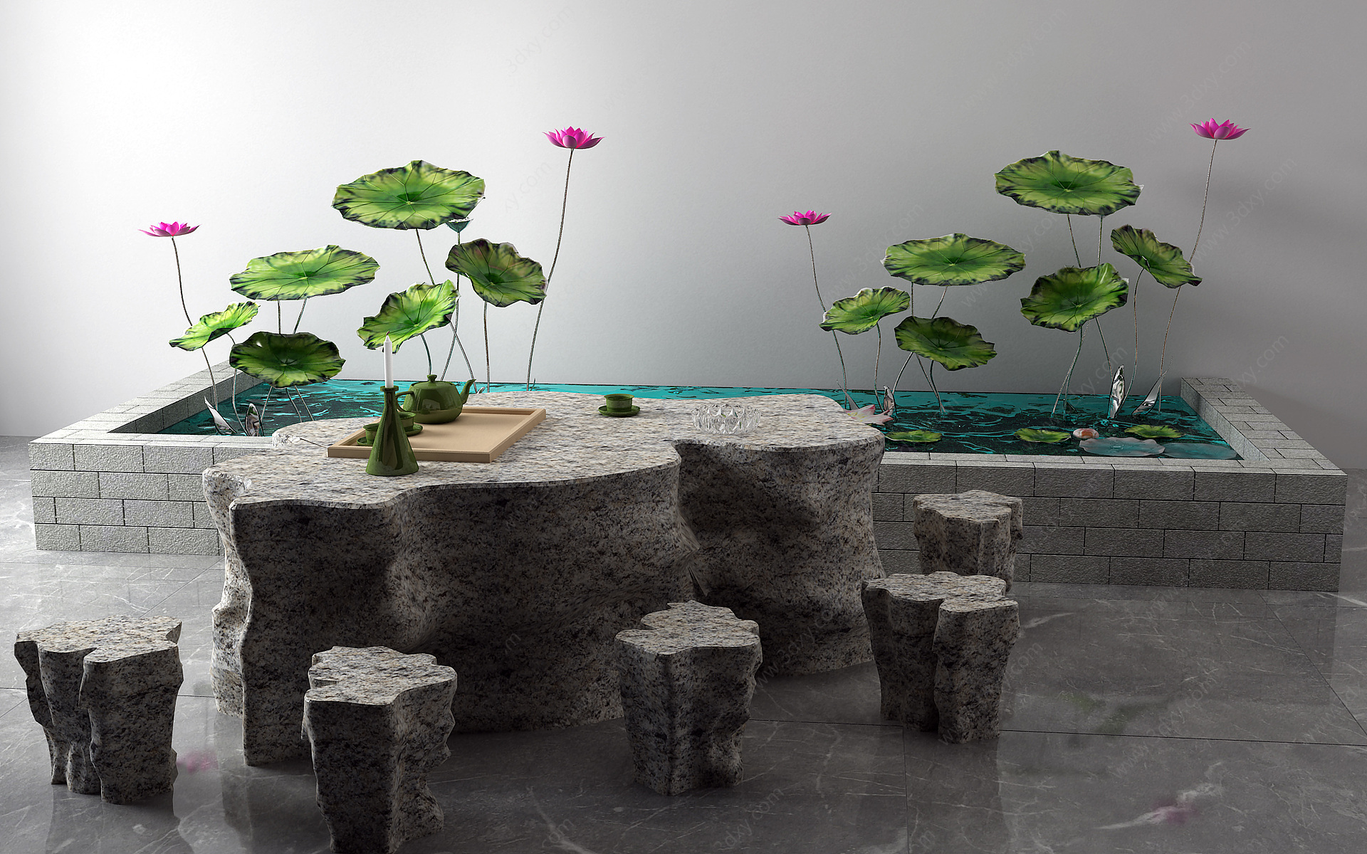 新中式景观小品荷花水池3D模型