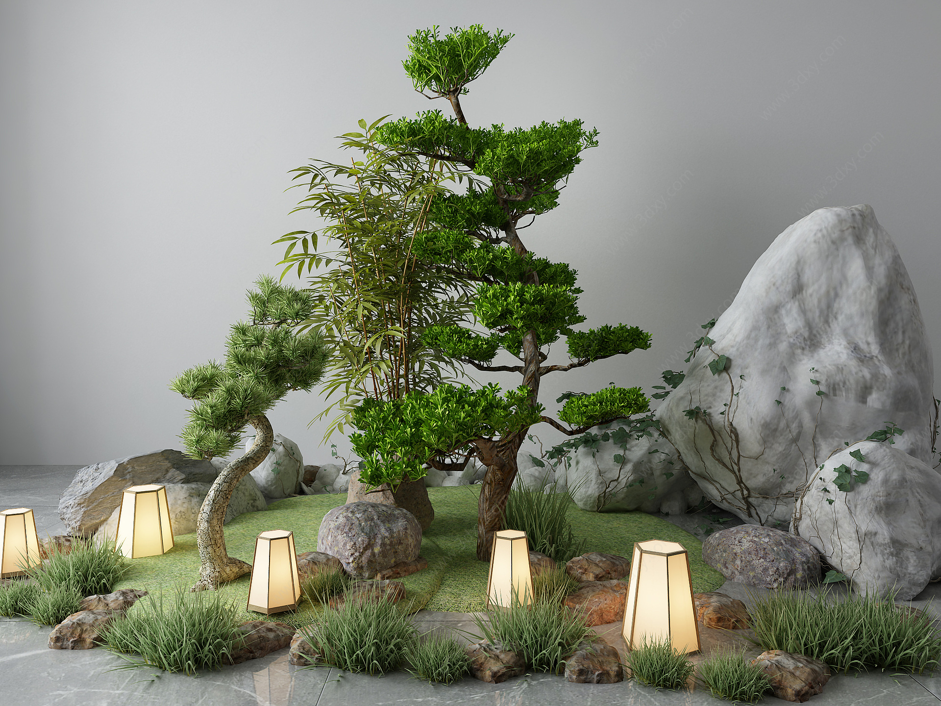 新中式景观小品松树小草3D模型