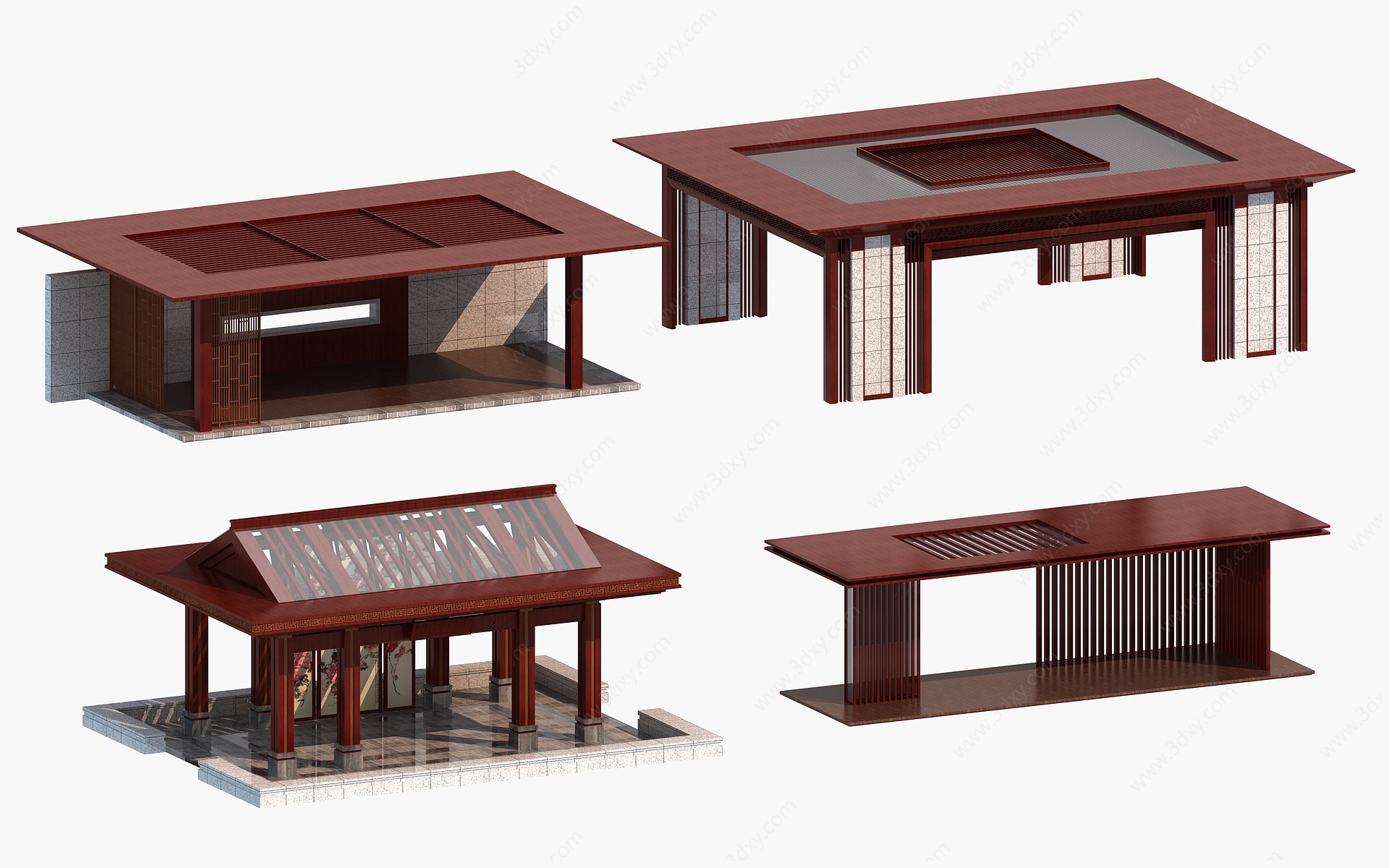 新中式平顶长廊凉亭3D模型