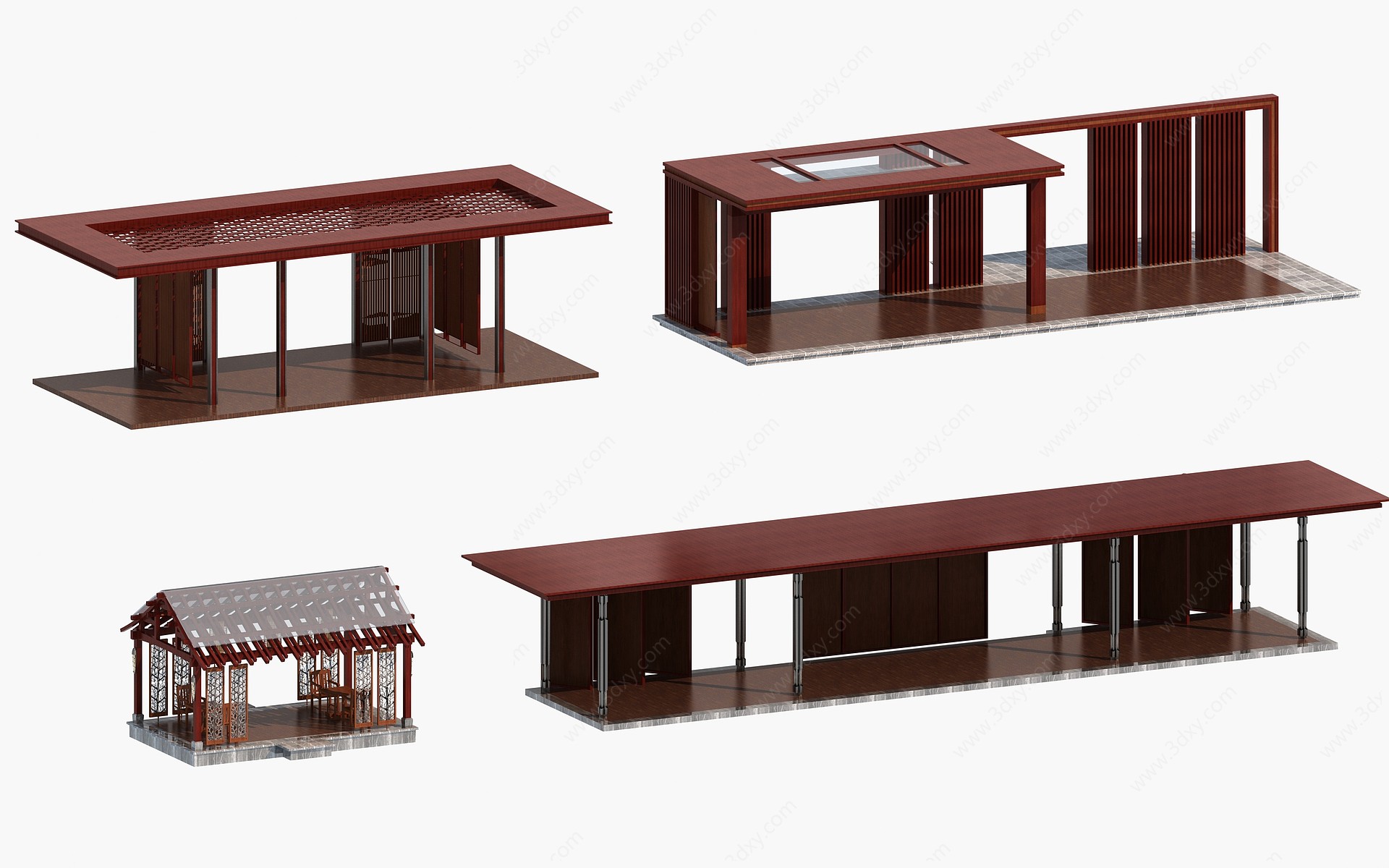 新中式平顶长廊凉亭3D模型
