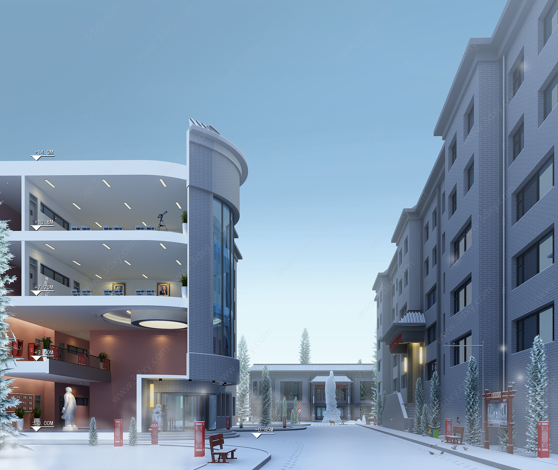 现代商业区街道雪景3D模型