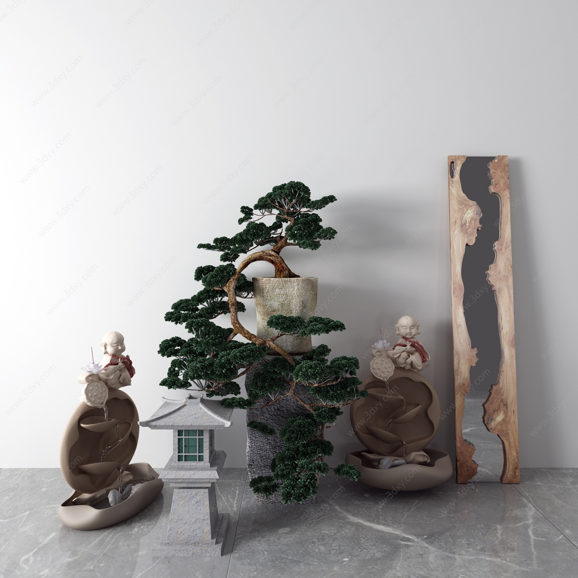 中式景观小平石灯盆栽3D模型