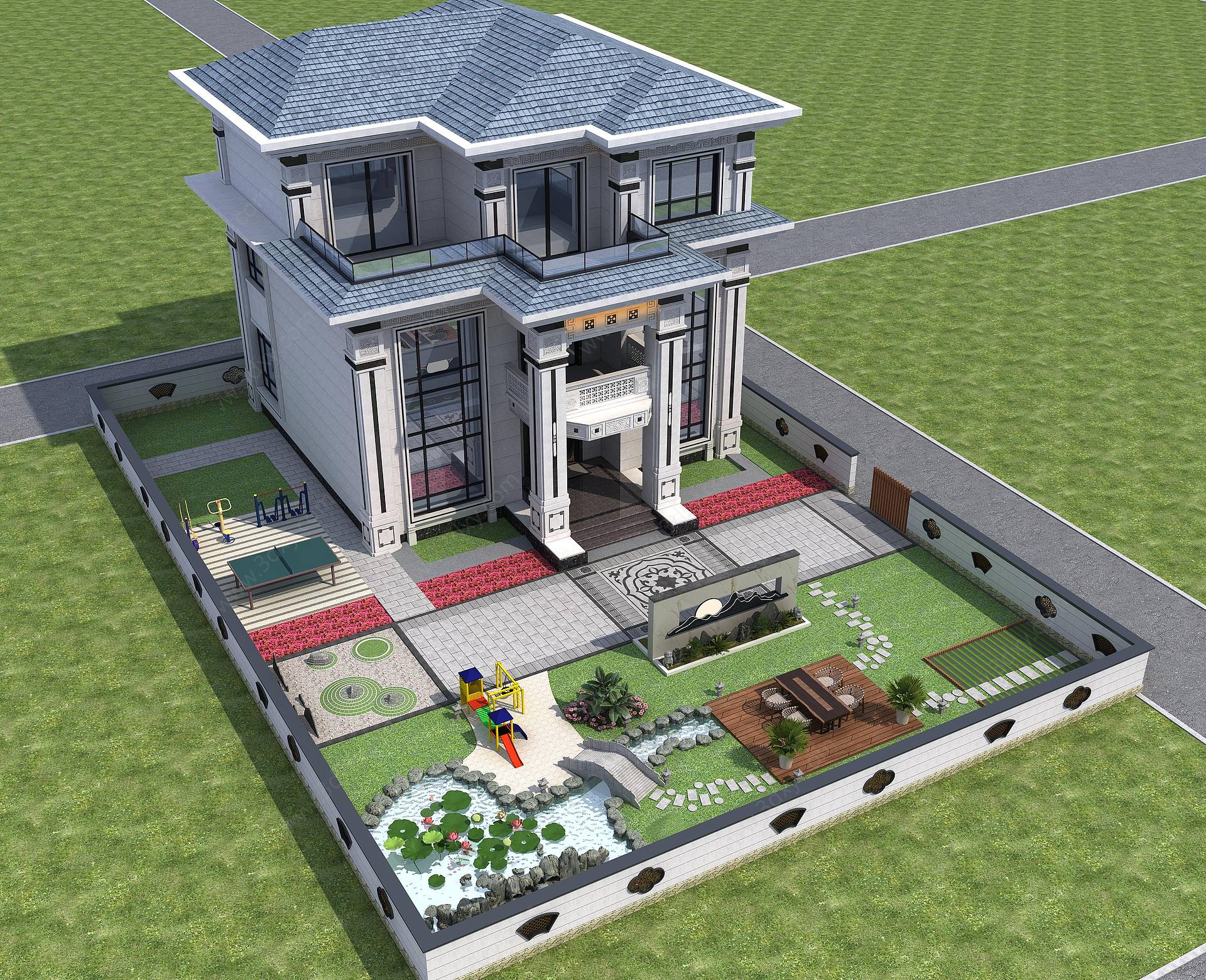 中式景观庭院别墅3D模型