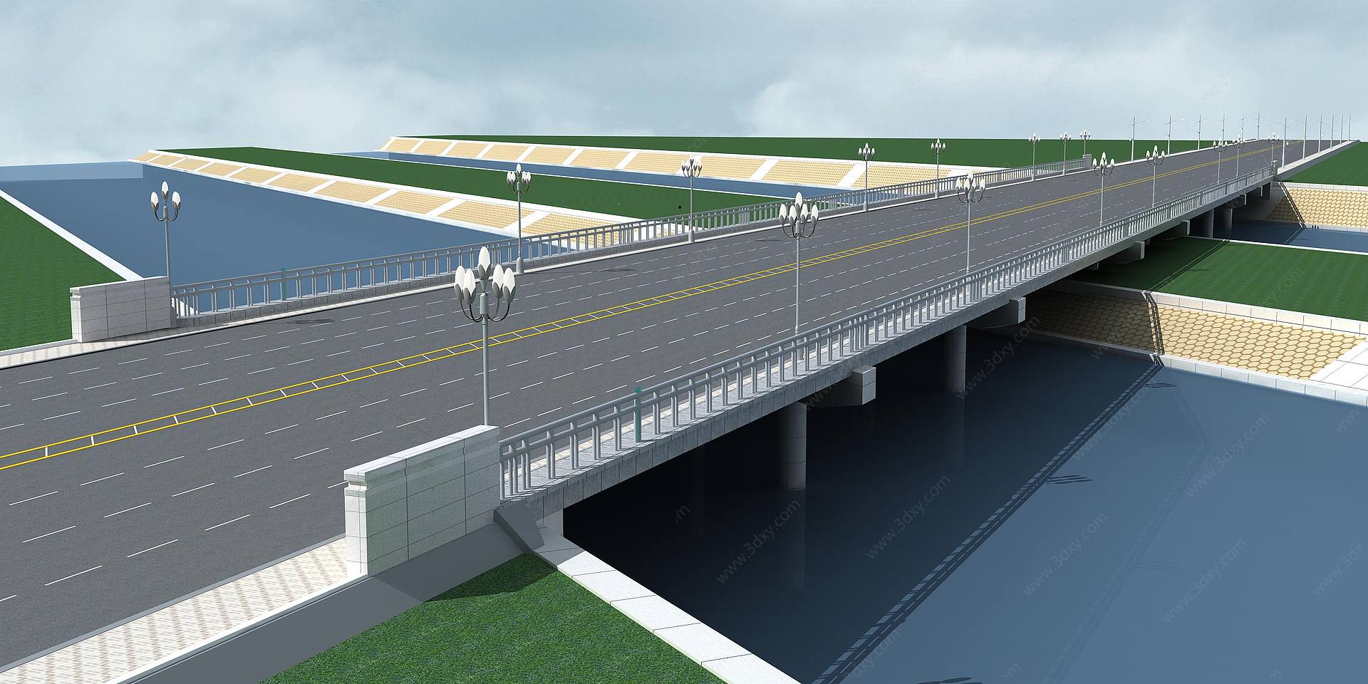 跨河桥栏杆护坡立交桥3D模型