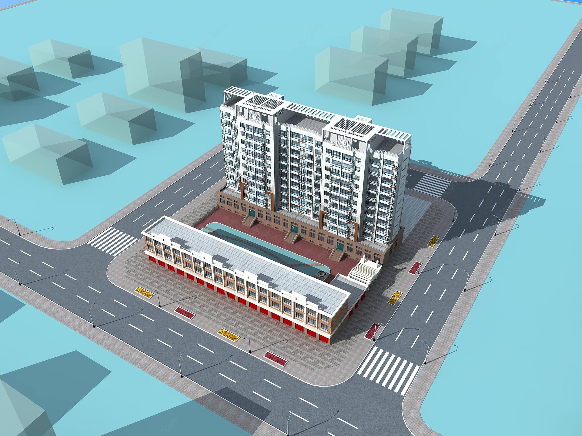 现代高层住宅规划鸟瞰3D模型