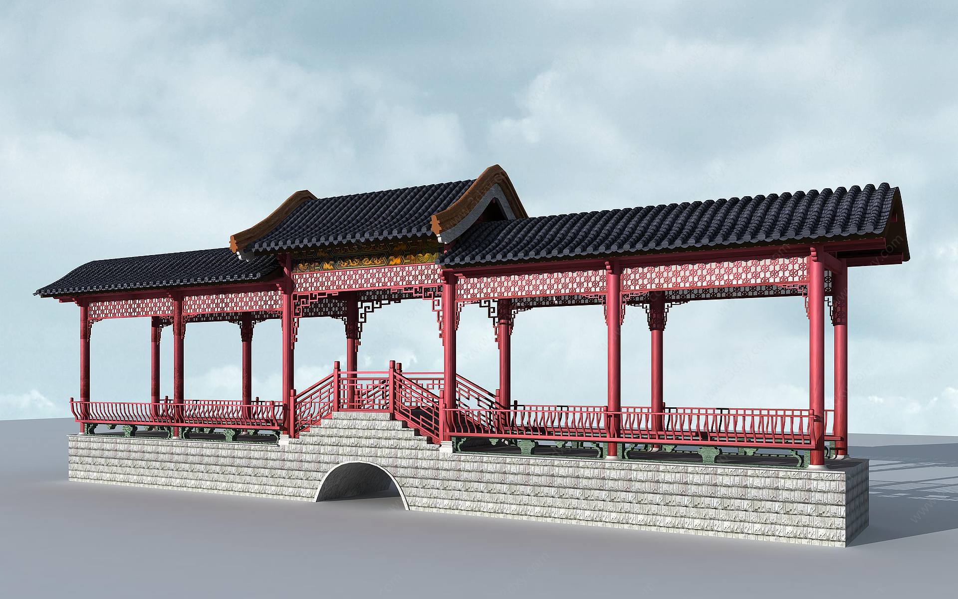 中式古建桥廊凉亭园林景观3D模型