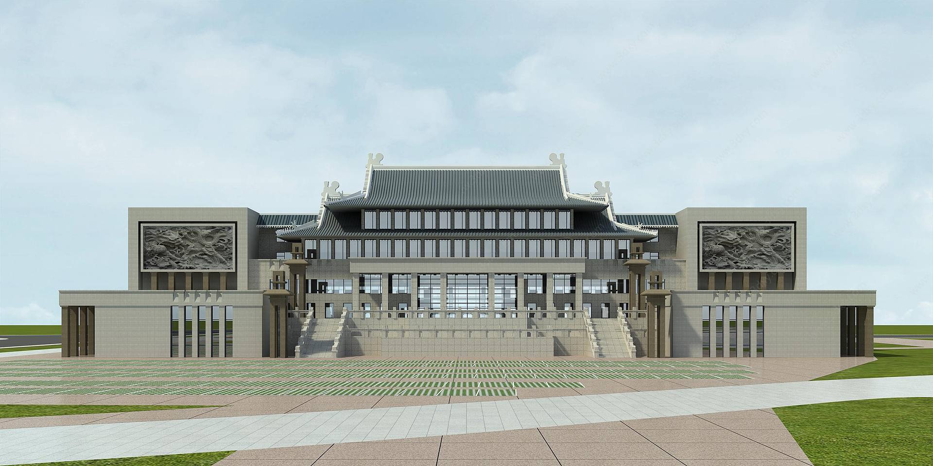 新中式体育馆宾馆办公楼3D模型