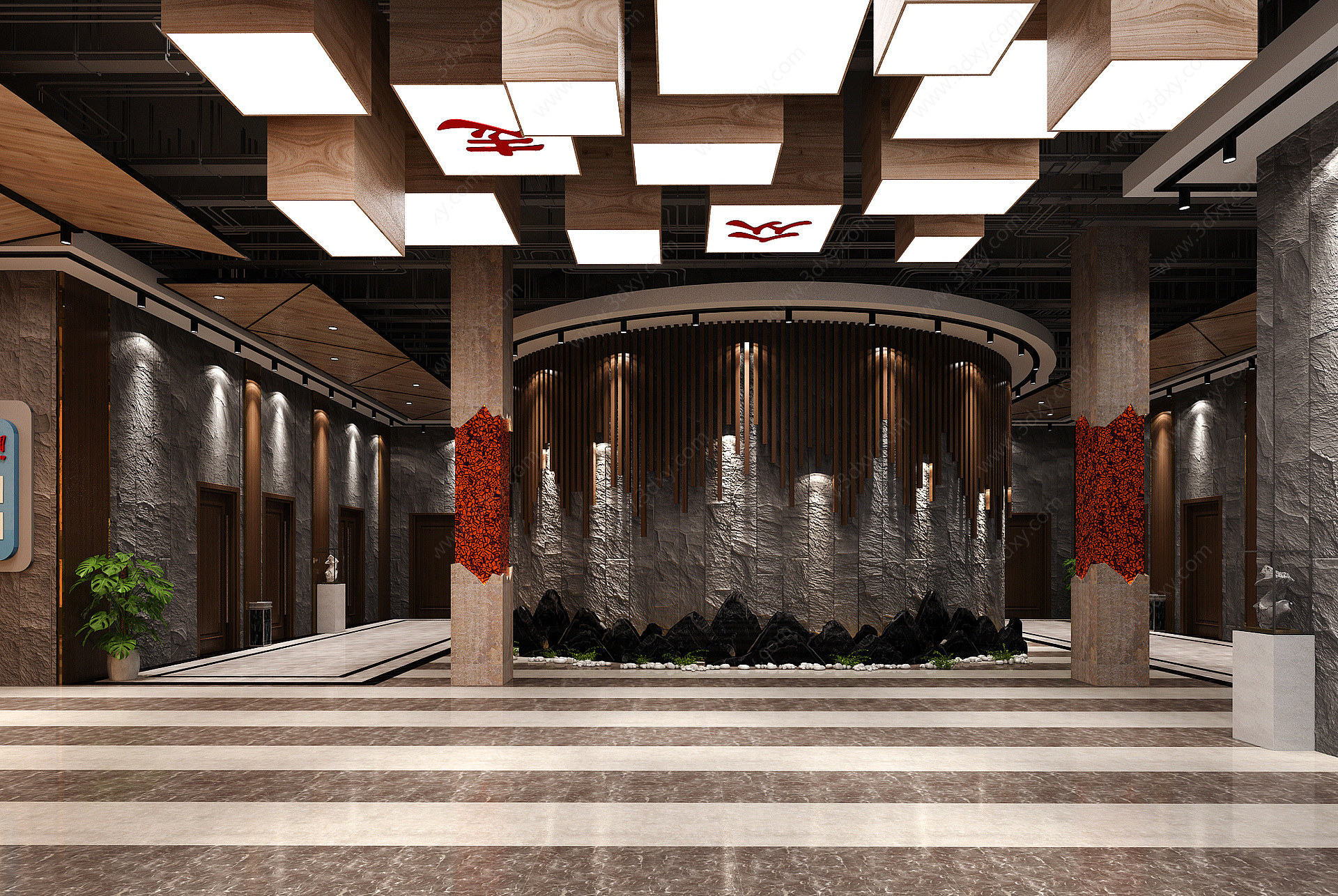 新中式休息区大厅3D模型