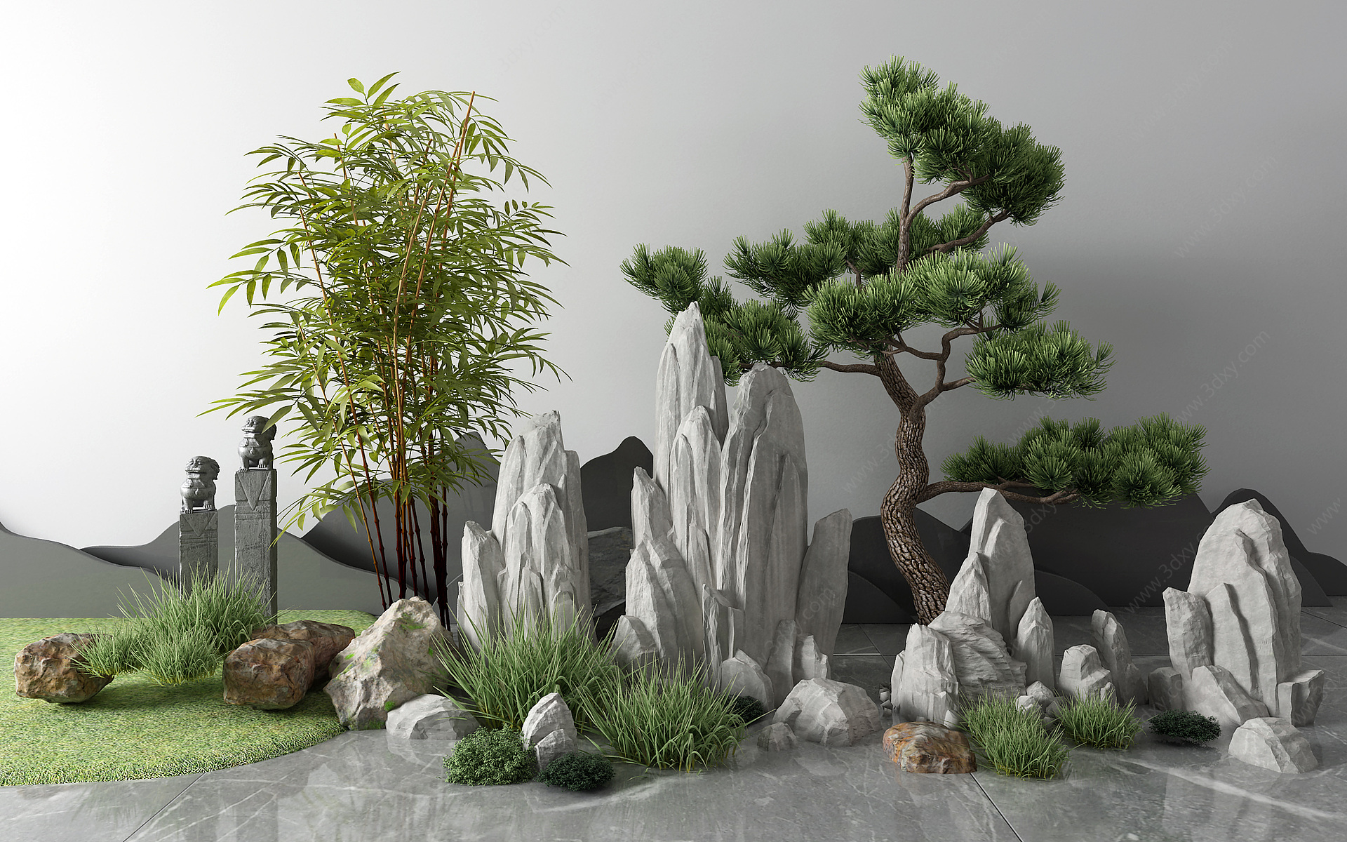 景观小品假山石头松树3D模型