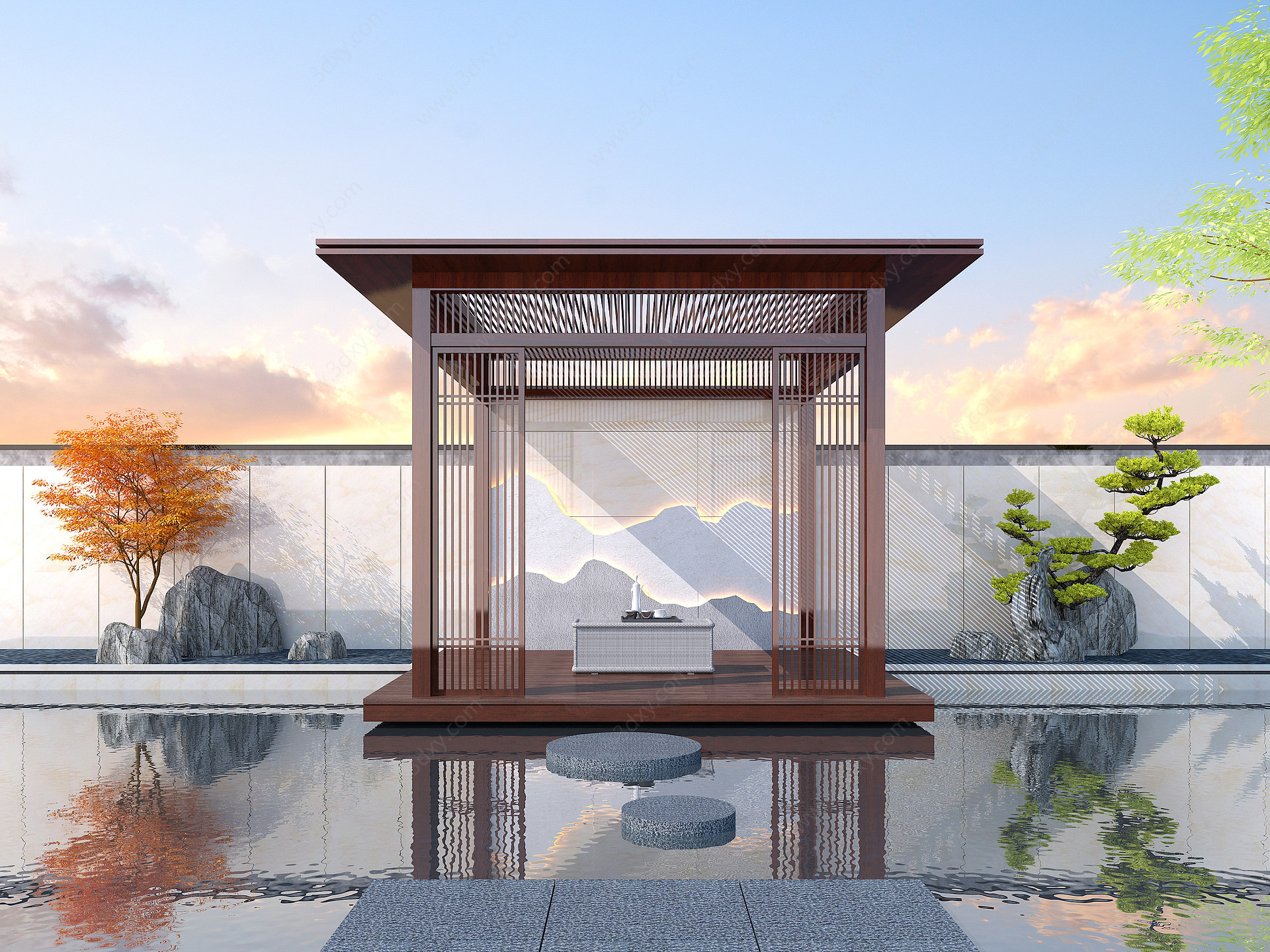 新中式凉亭景墙3D模型
