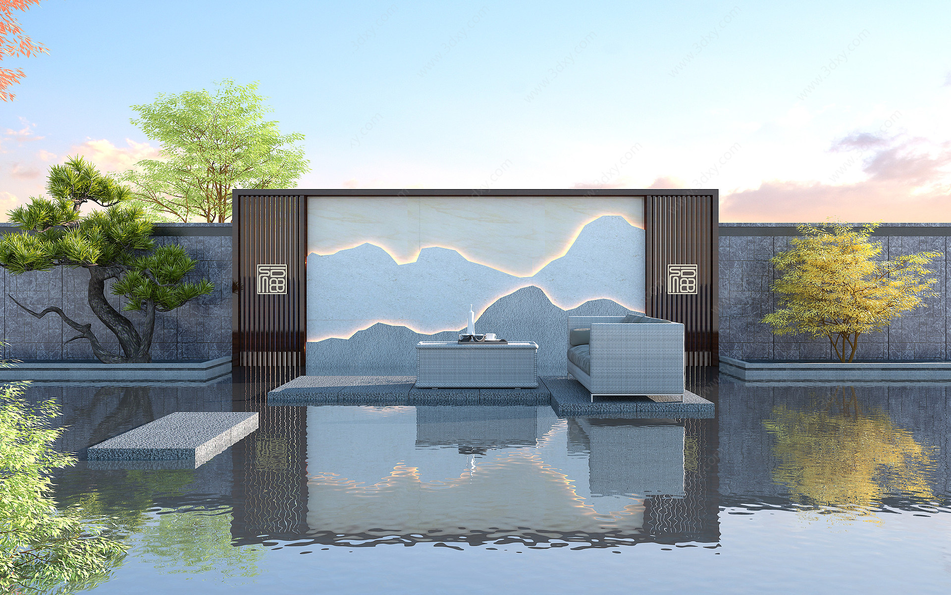 新中式庭院景观墙3D模型