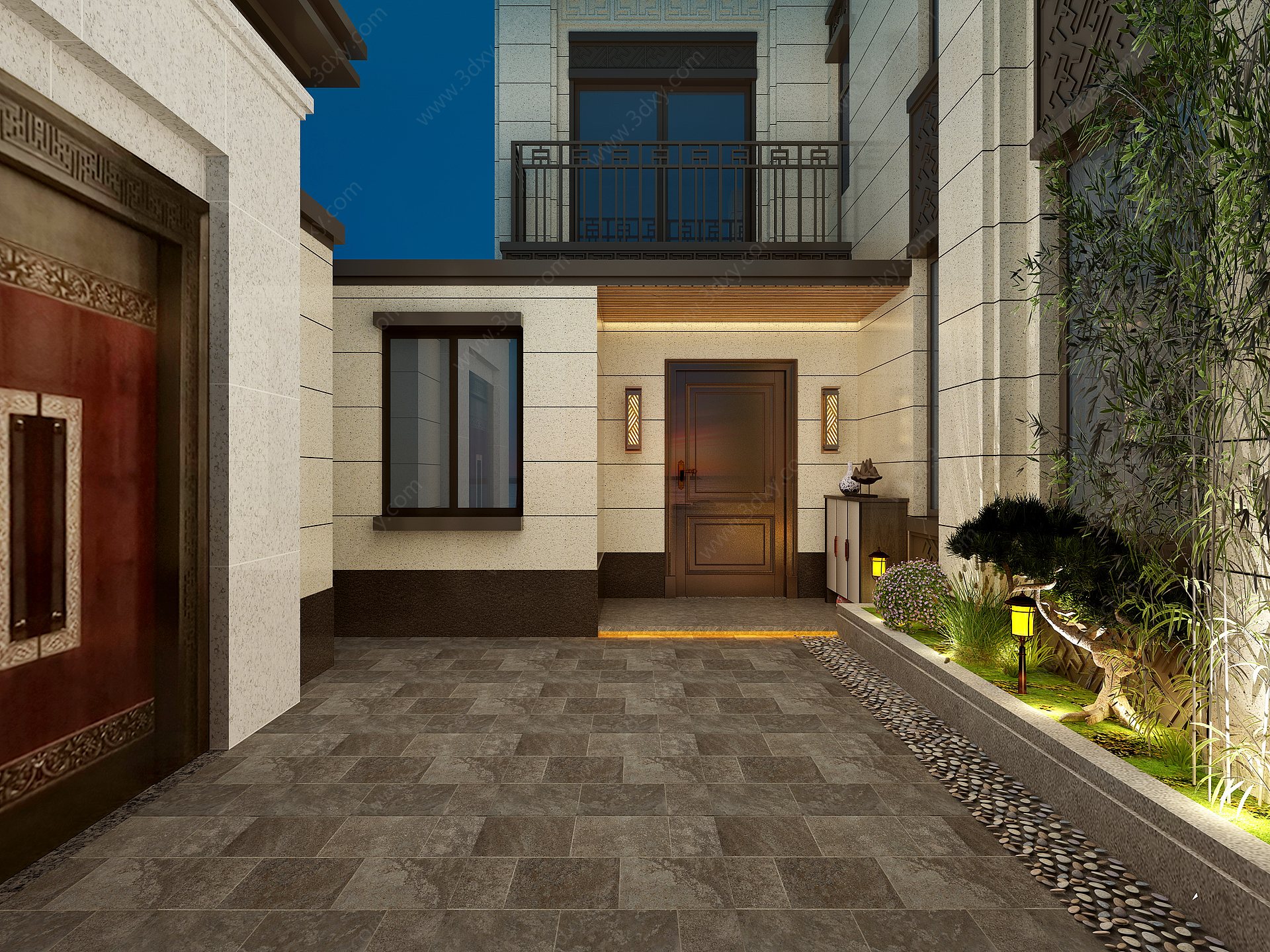 新中式别墅入门外观3D模型