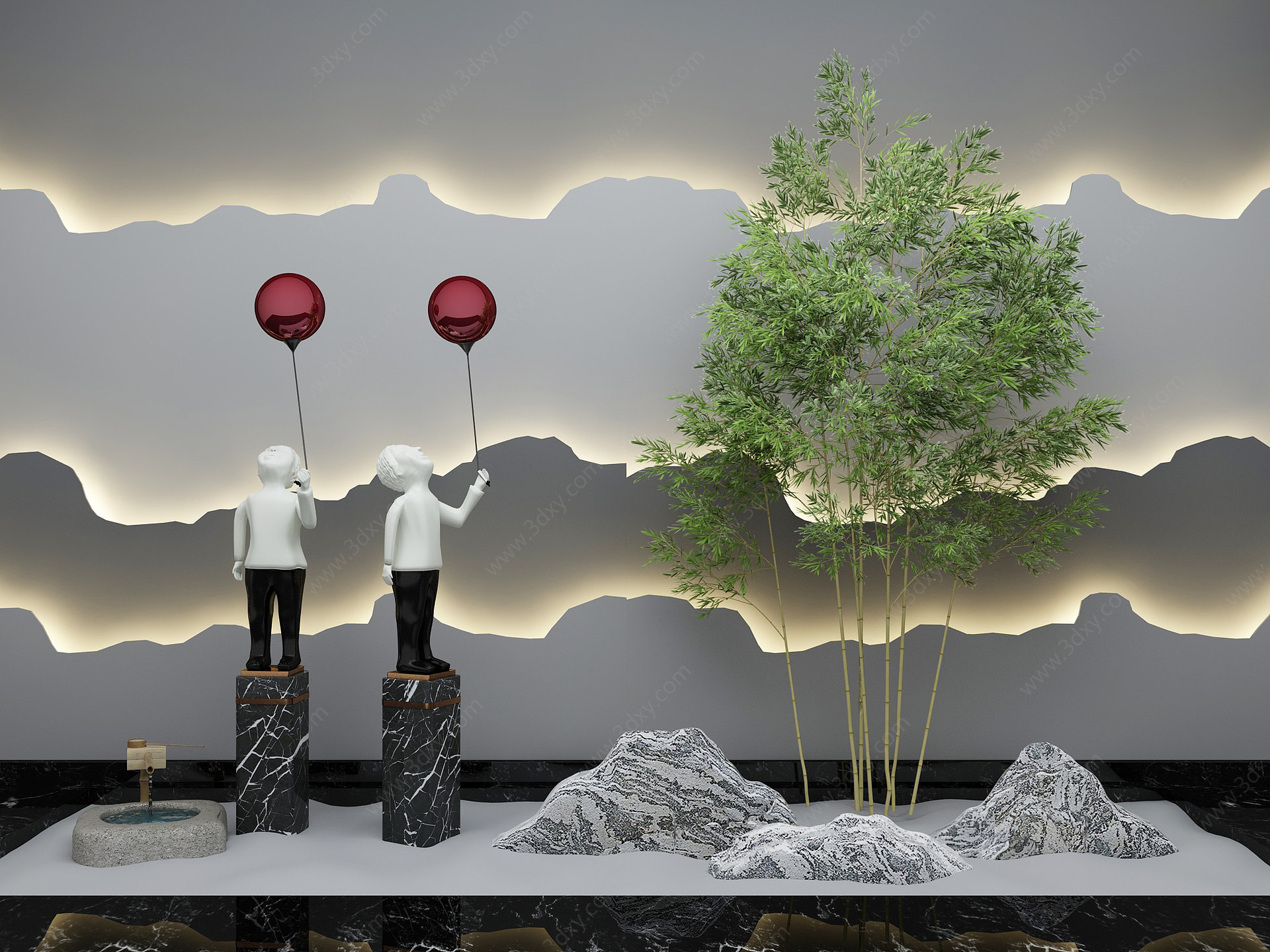 新中式园艺小品竹子假山3D模型
