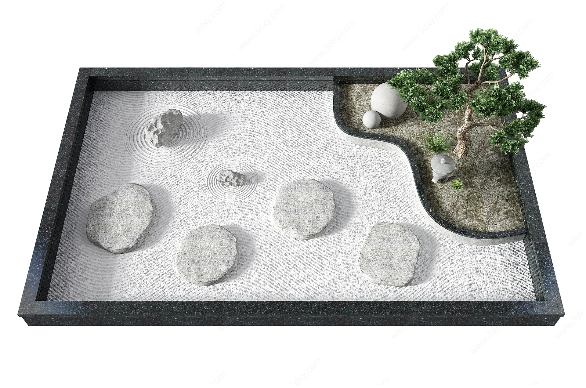 新中式石头松树景观小品3D模型