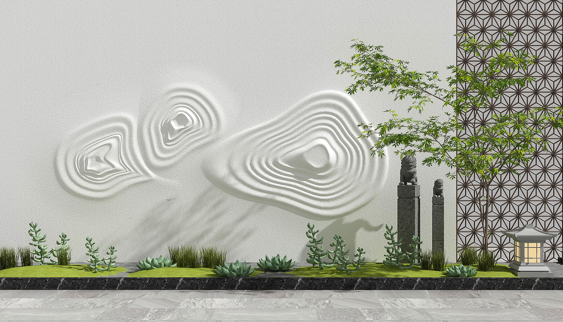 新中式景观小品绿植背景墙3D模型