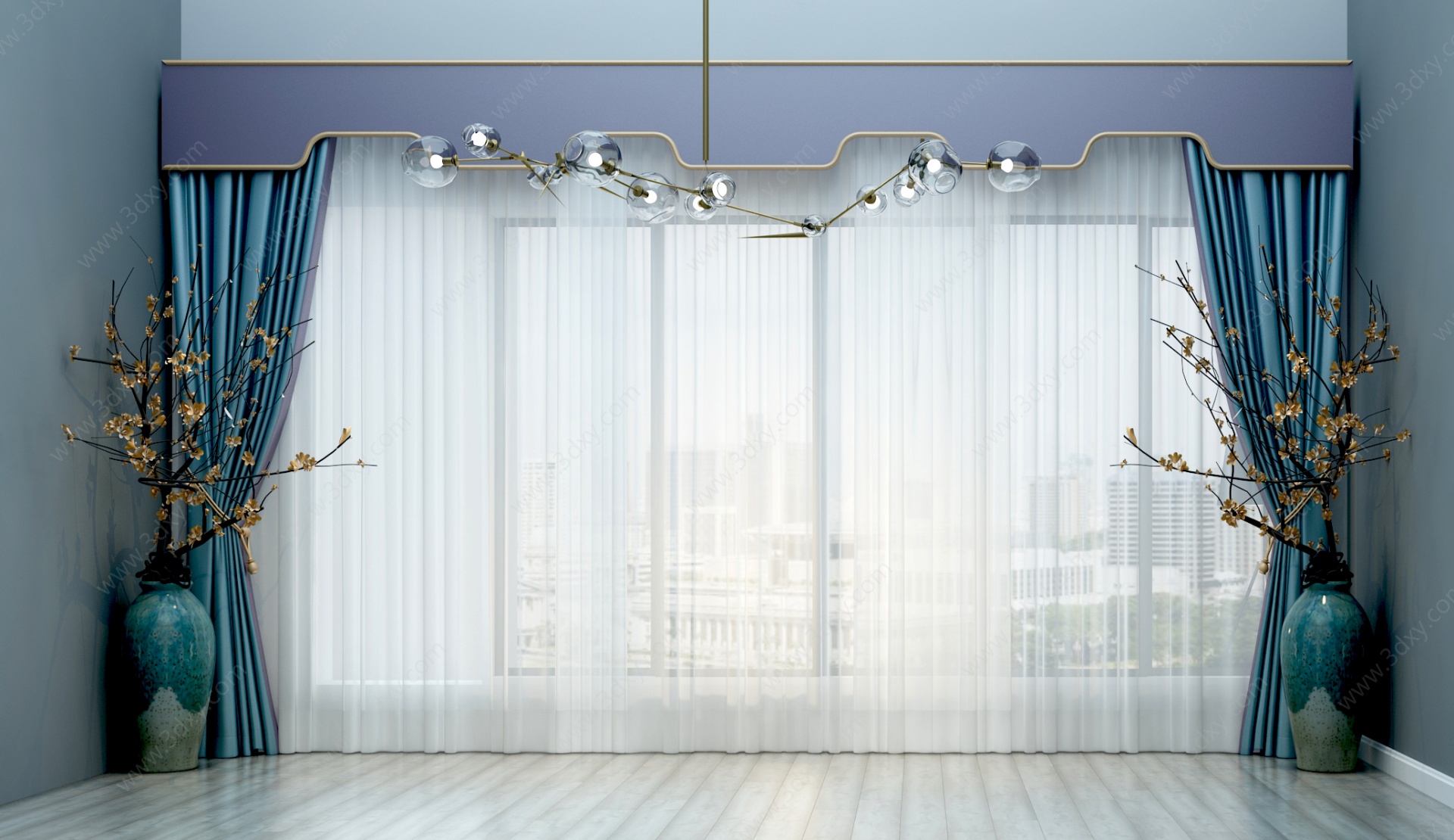 新中式窗帘吊灯组合3D模型