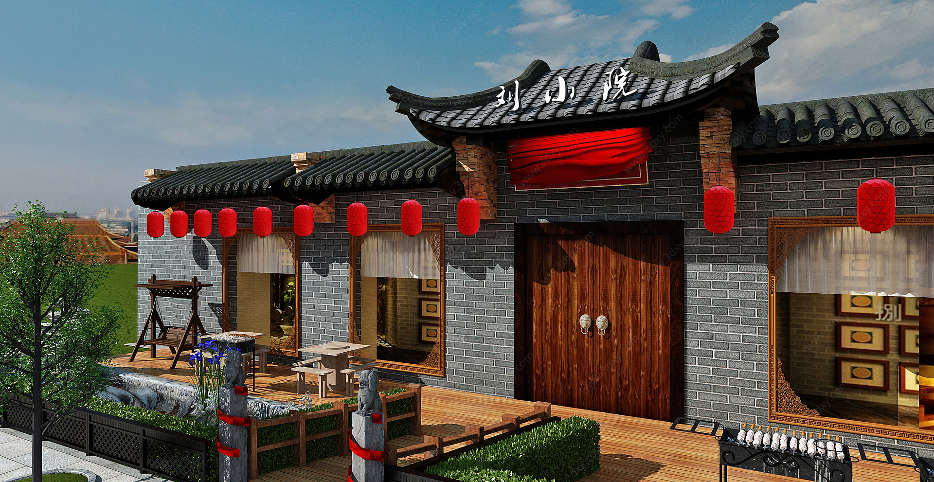 传统中式古建筑餐厅门头3D模型